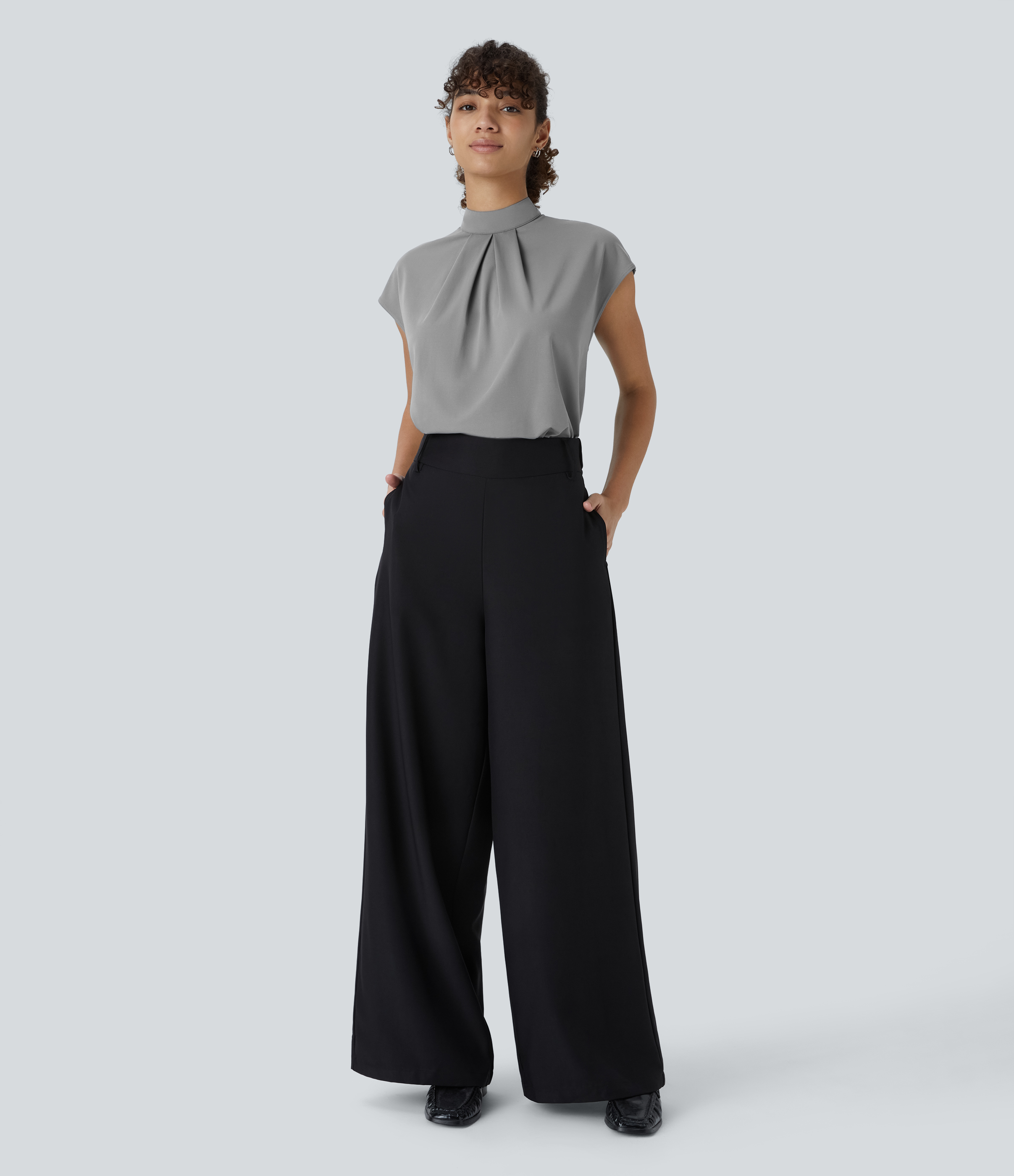 Halara Stand Collar Plicated Button Back Cap Sleeve Work Blouse  - Ultimate Gray - XL 