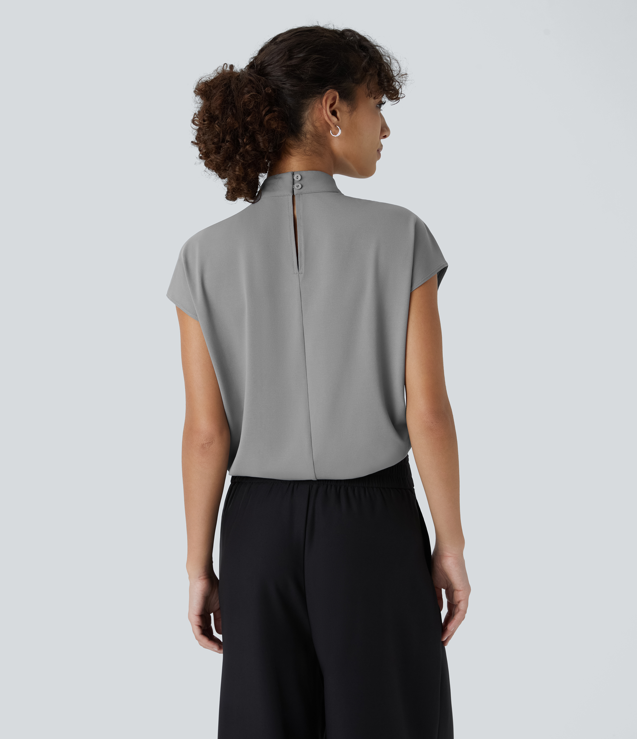Halara Stand Collar Plicated Button Back Cap Sleeve Work Blouse  - Ultimate Gray - XL 