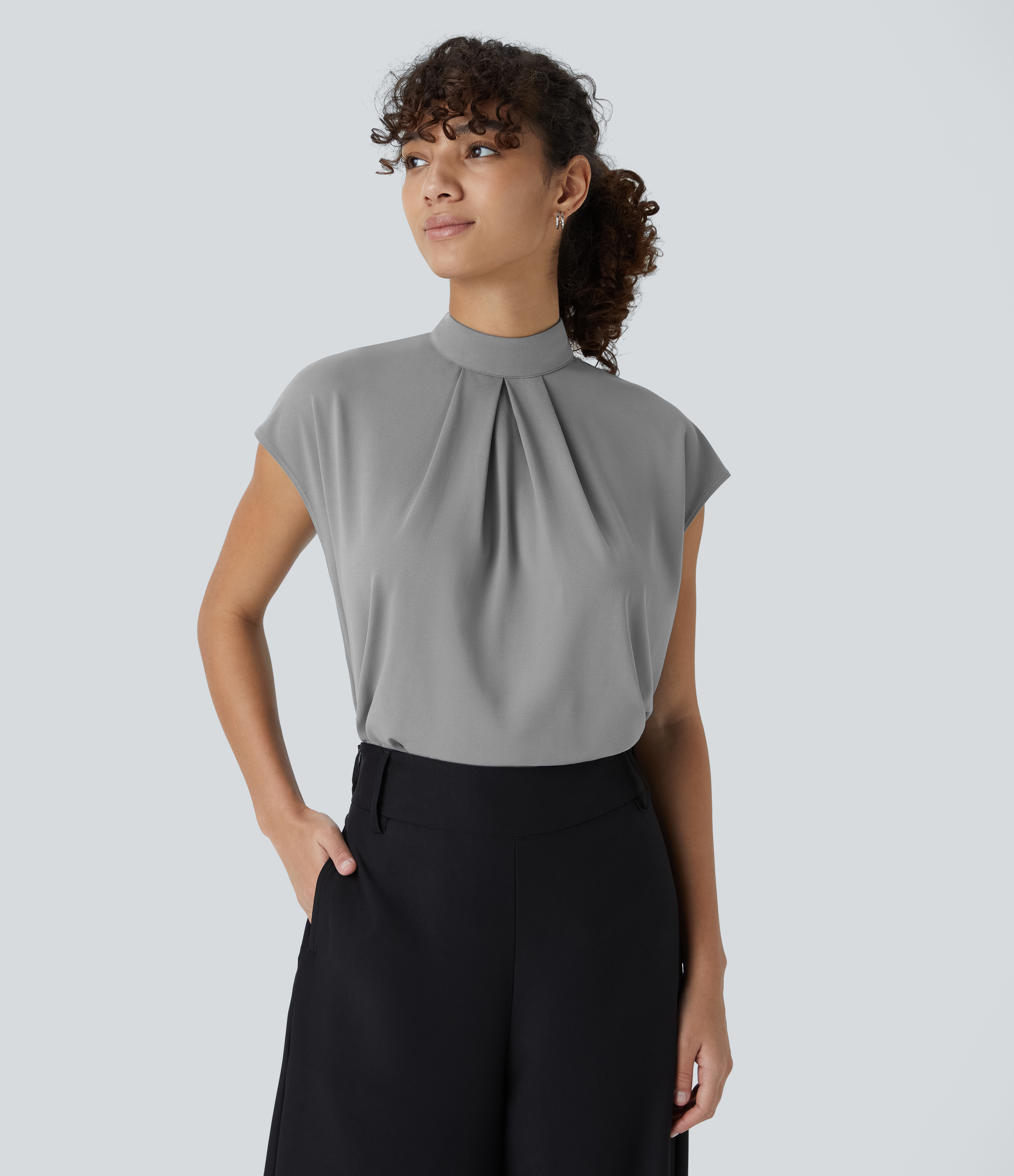 Halara Stand Collar Plicated Button Back Cap Sleeve Work Blouse  - Ultimate Gray - XL 