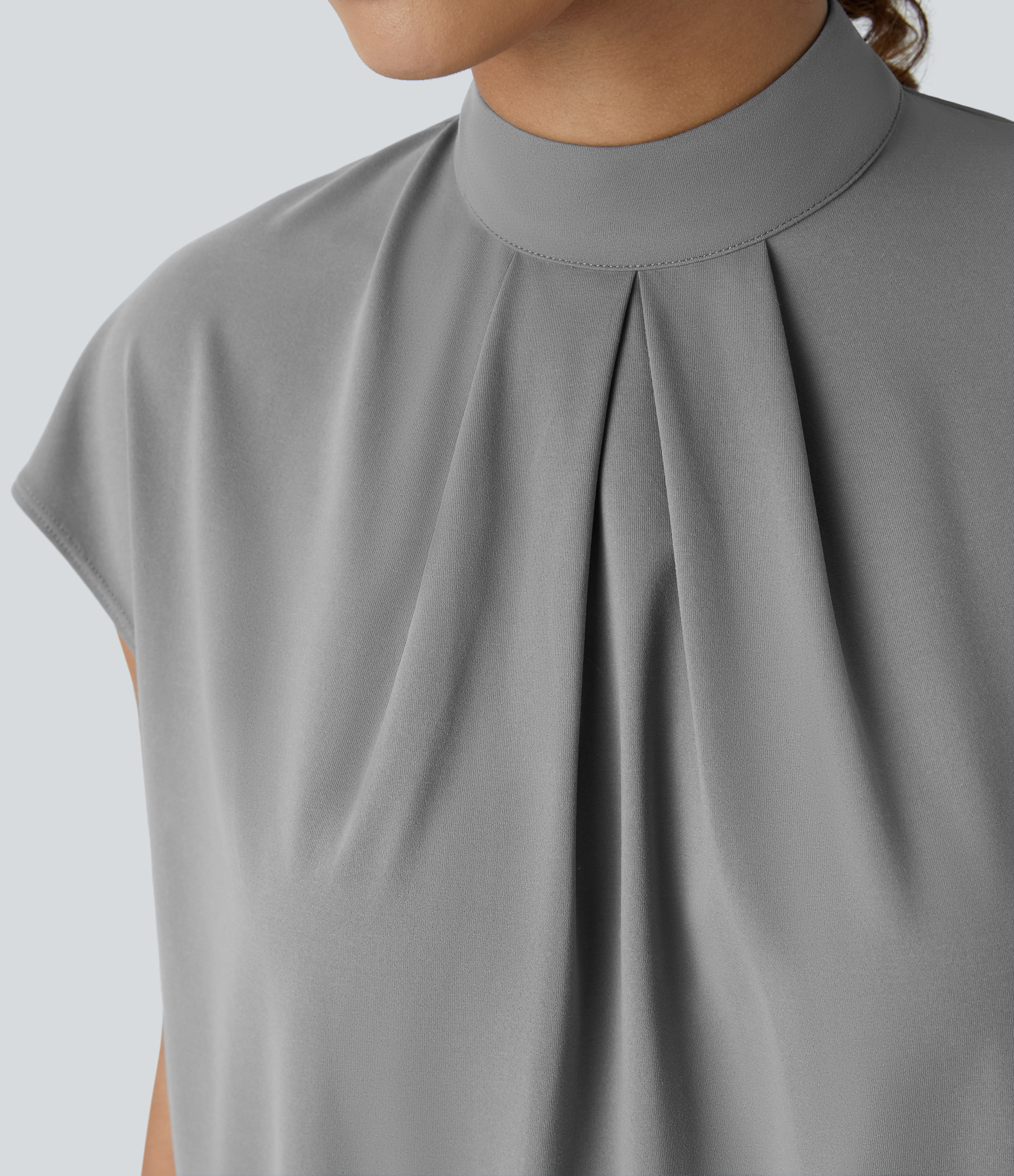 Halara Stand Collar Plicated Button Back Cap Sleeve Work Blouse  - Ultimate Gray - XL 