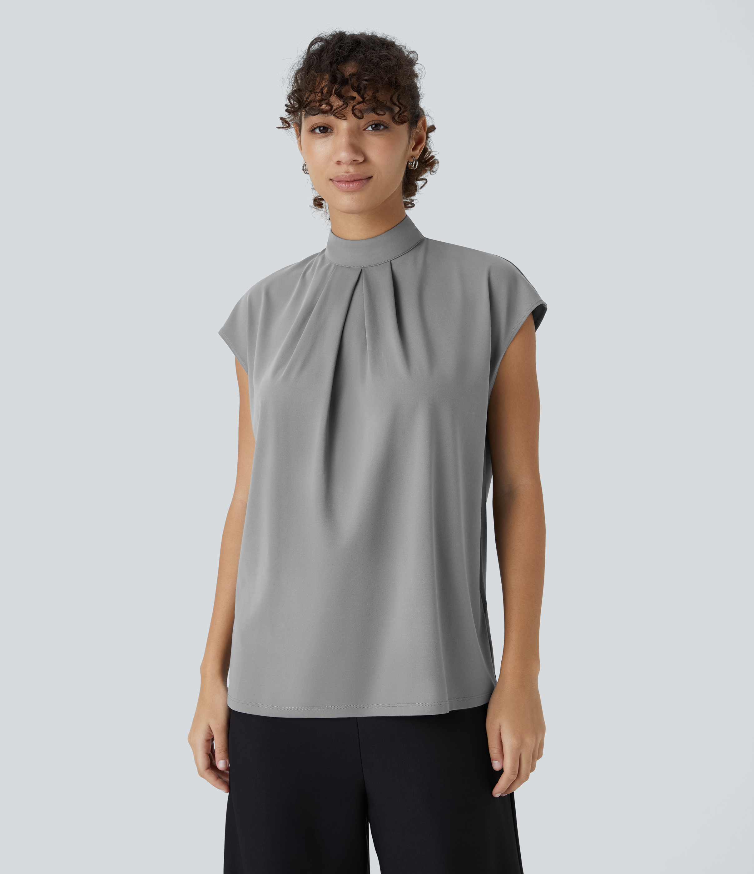 Halara Stand Collar Plicated Button Back Cap Sleeve Work Blouse  - Ultimate Gray - XL 