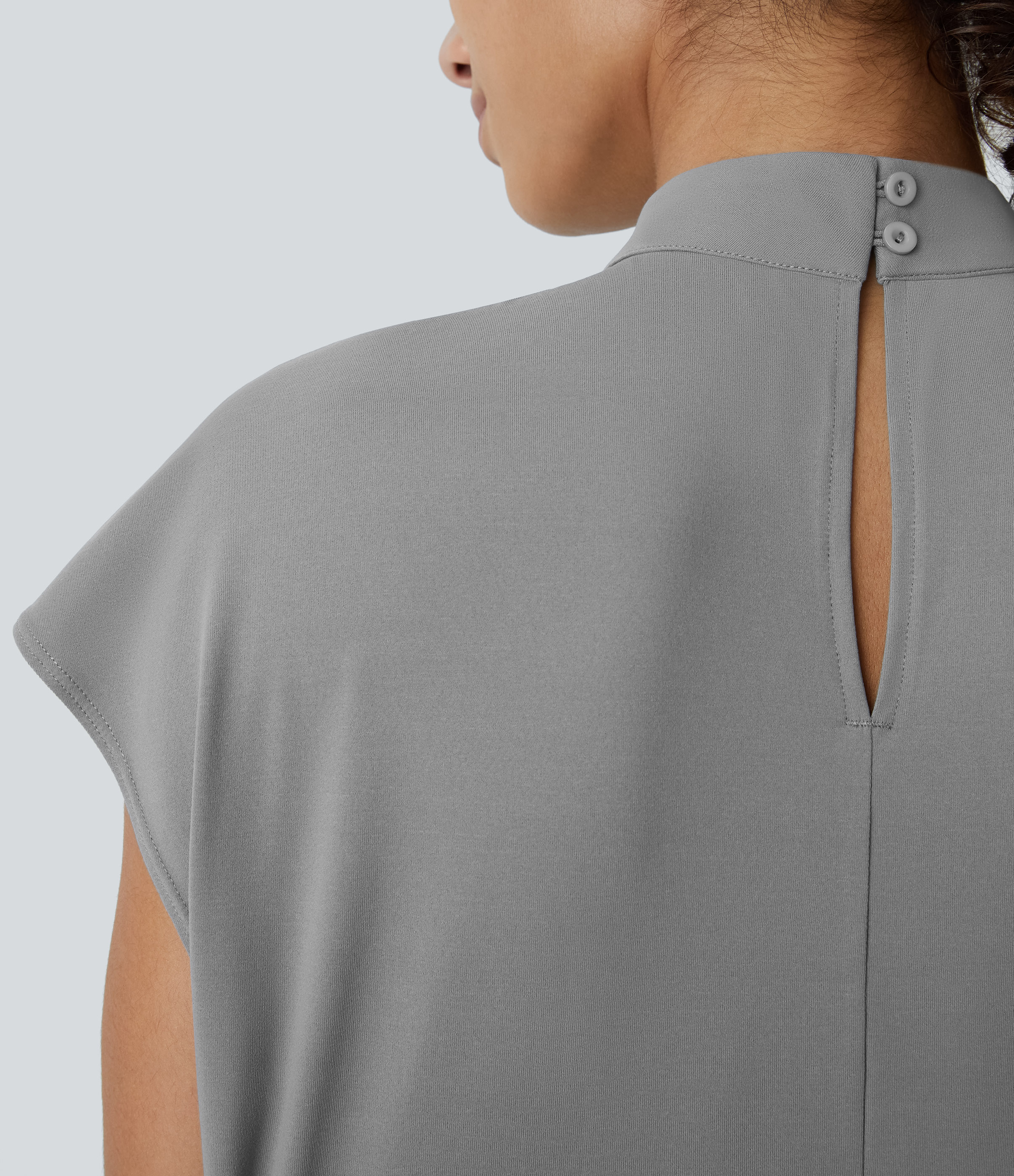 Halara Stand Collar Plicated Button Back Cap Sleeve Work Blouse  - Ultimate Gray - XL 