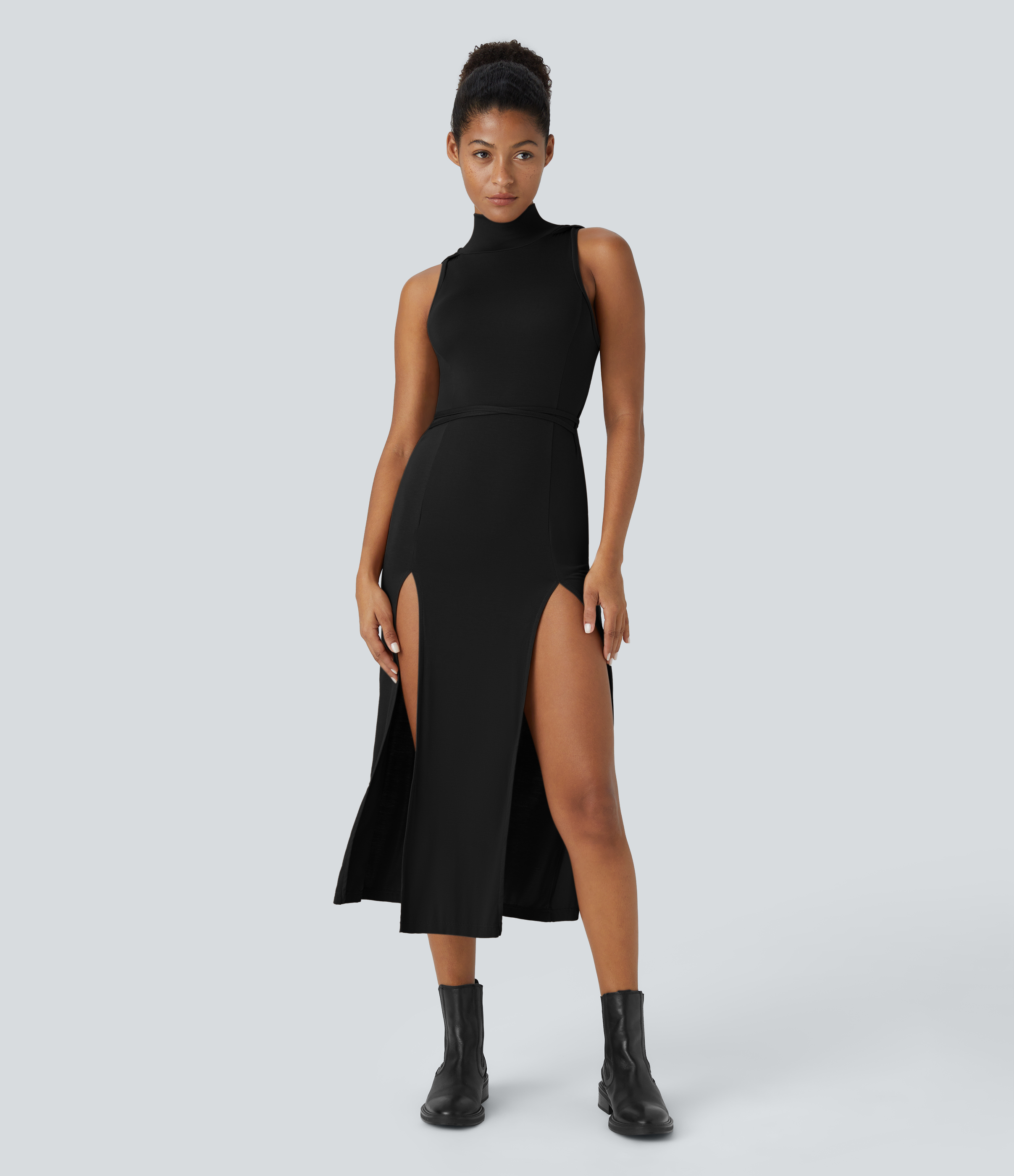 Ribbed Hooded High Neck Sleeveless Cut Out Tie Back 2-Piece Midi Casual Dress