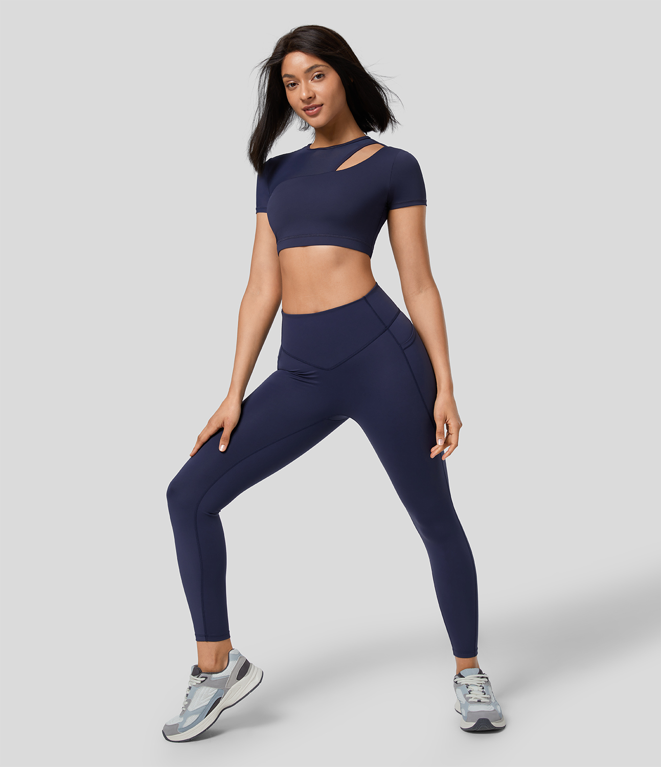 

Halara Contrast Mesh Cut Out Short Sleeve Quick Dry Cropped Workout Sports Top - Dawn Purple