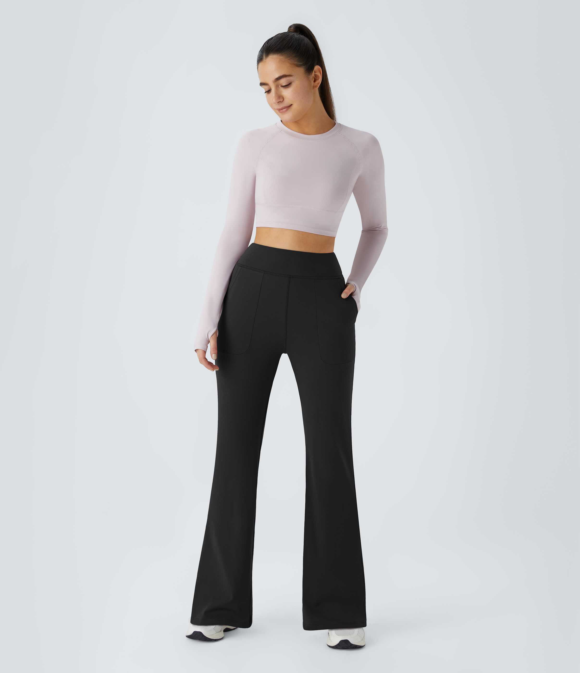 Halara In My Feels High Waisted Side Pocket Plain Flare Leggings  - Black - L gym leggings leggings with pockets leggings with butt lift 