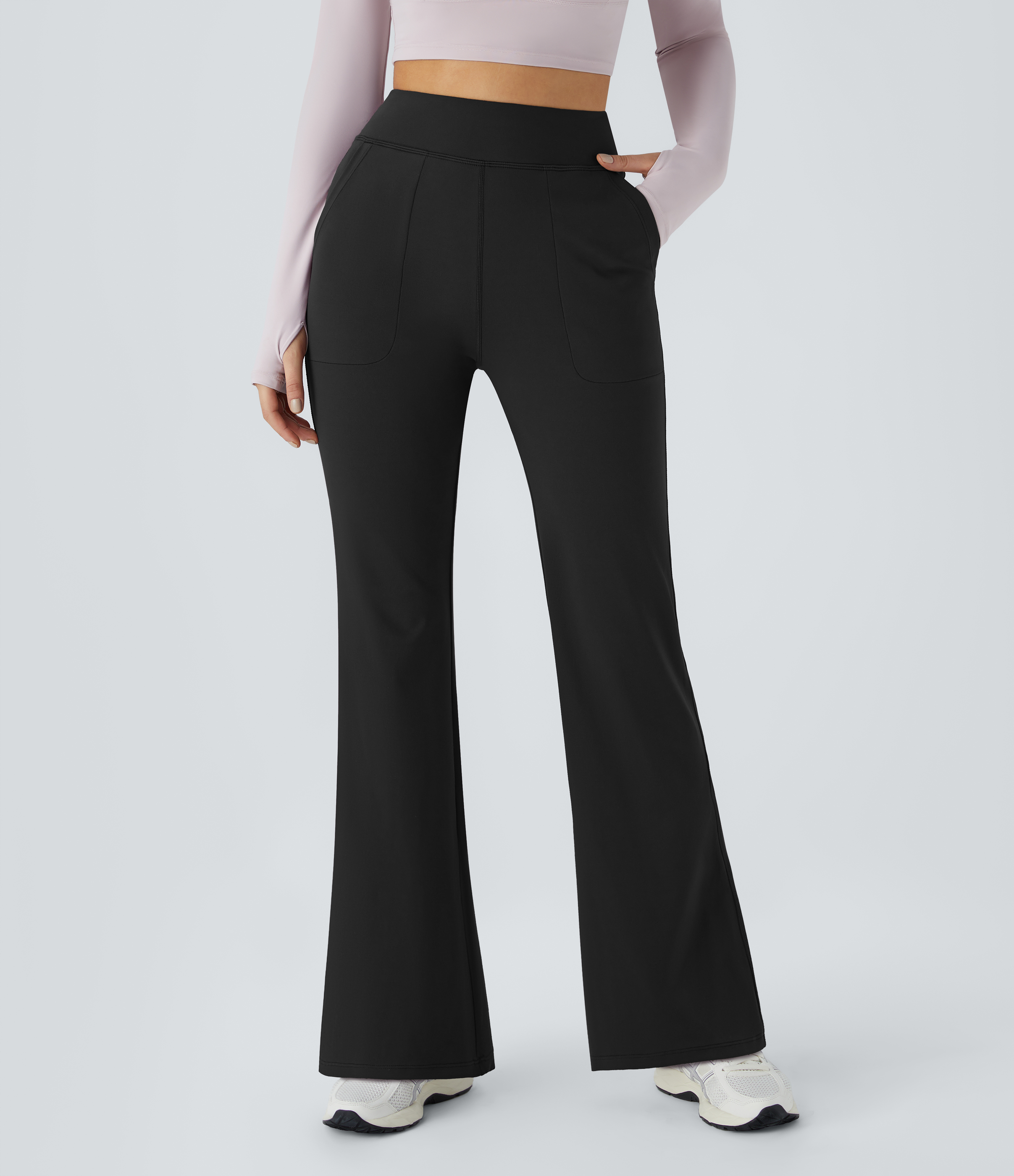 Halara In My Feels High Waisted Side Pocket Plain Flare Leggings  - Black - L gym leggings leggings with pockets leggings with butt lift 