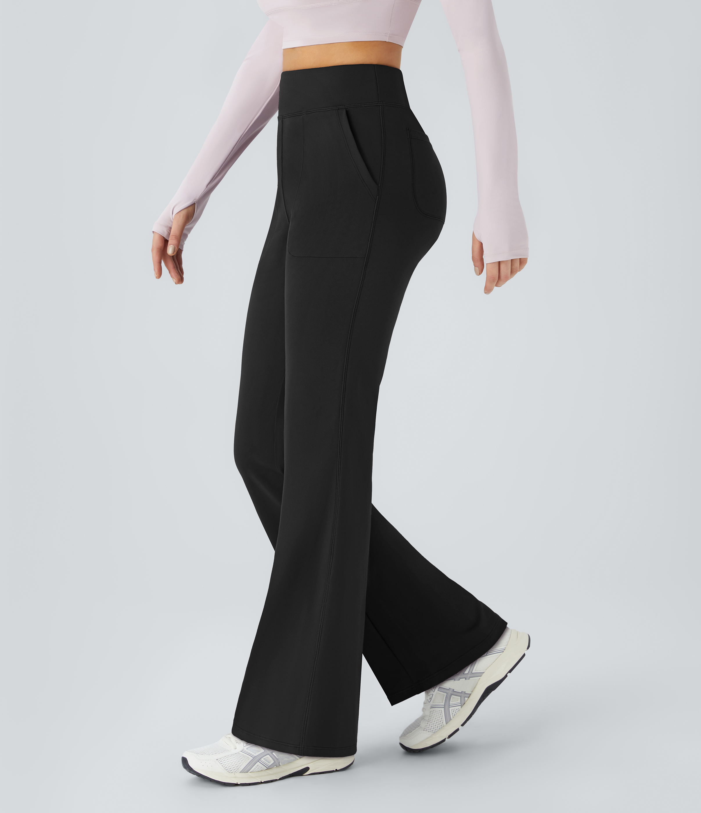 Halara In My Feels High Waisted Side Pocket Plain Flare Leggings  - Black - L gym leggings leggings with pockets leggings with butt lift 