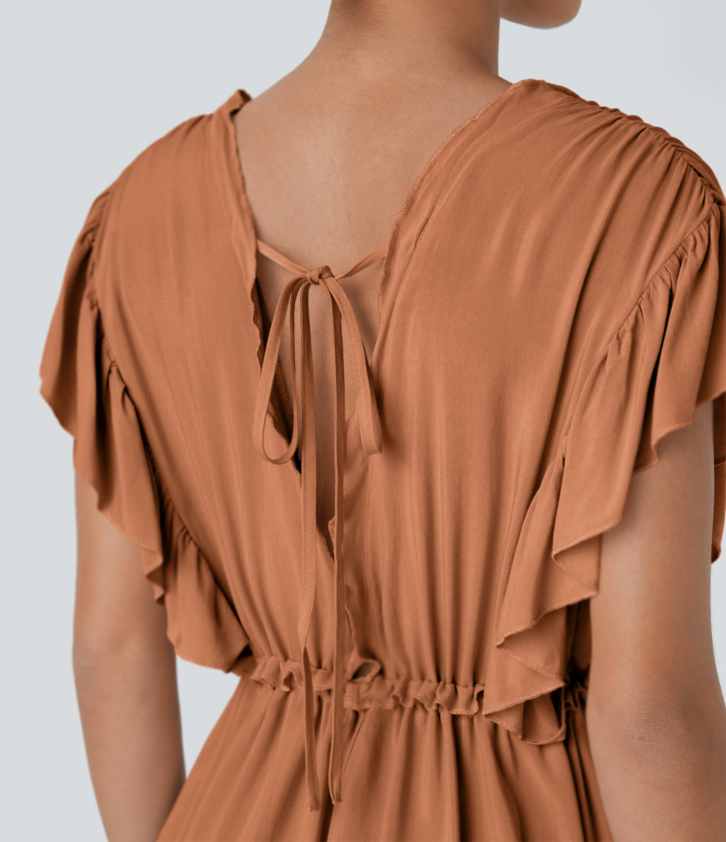 Halara Deep V Neck Butterfly Sleeve Backless Drawstring Button Side Pocket Flowy Maxi Casual Dress Casual Dress - Copper - XS slip dress 