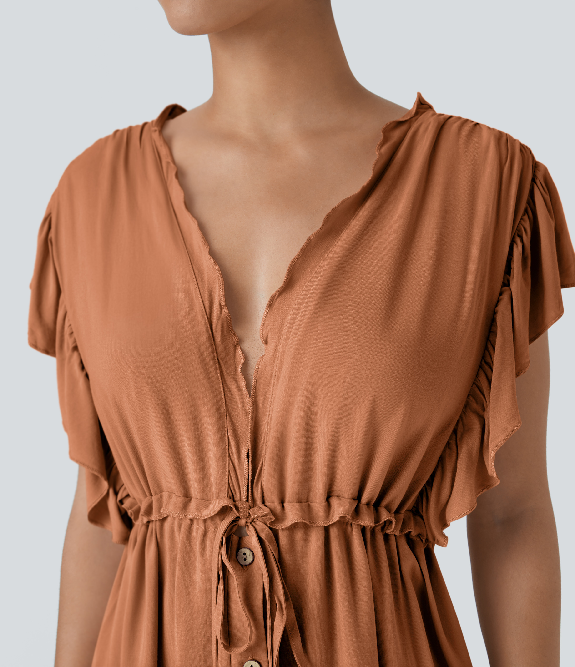 Halara Deep V Neck Butterfly Sleeve Backless Drawstring Button Side Pocket Flowy Maxi Casual Dress Casual Dress - Copper - XS slip dress 