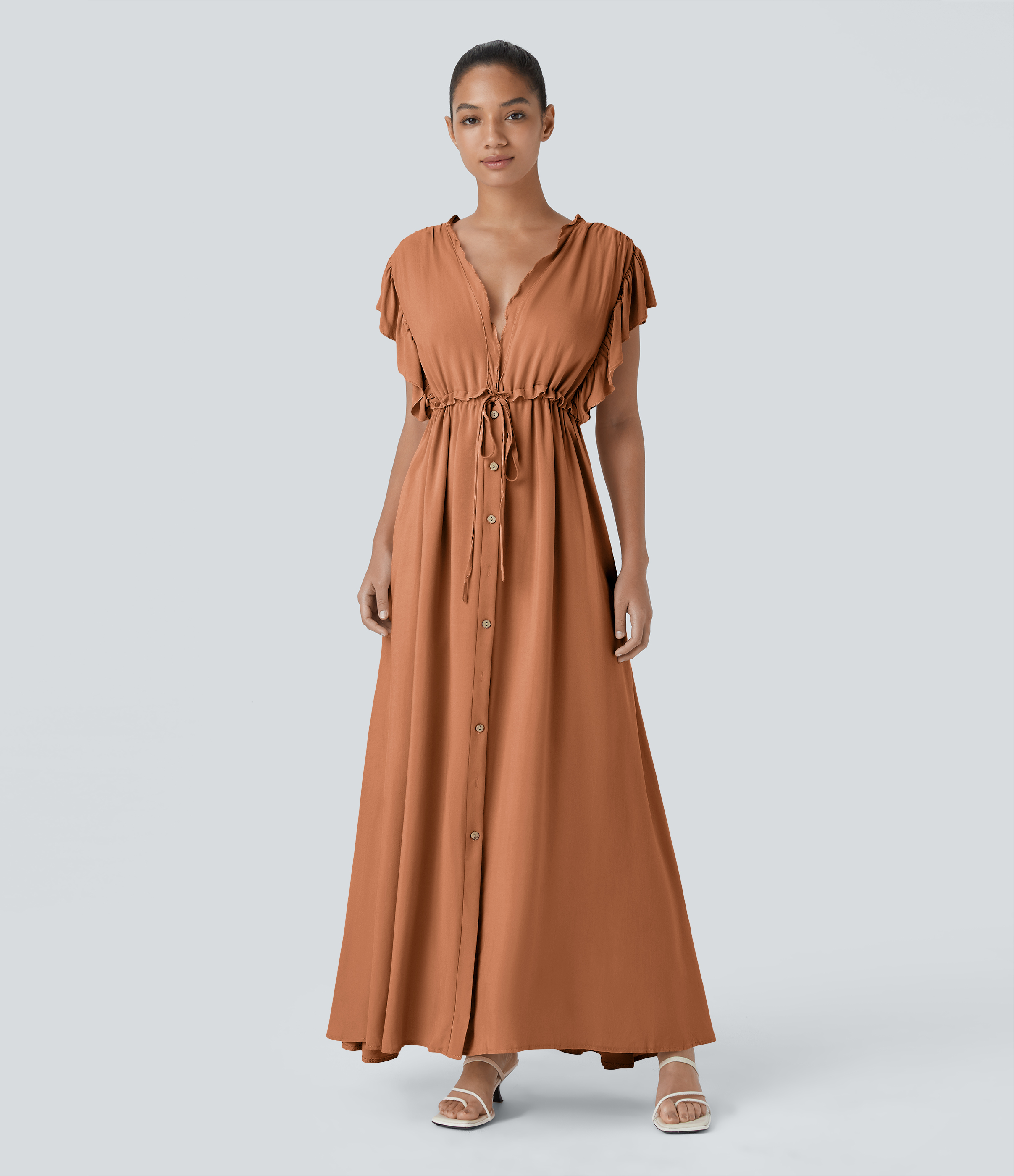 Halara Deep V Neck Butterfly Sleeve Backless Drawstring Button Side Pocket Flowy Maxi Casual Dress Casual Dress - Copper - XS slip dress 