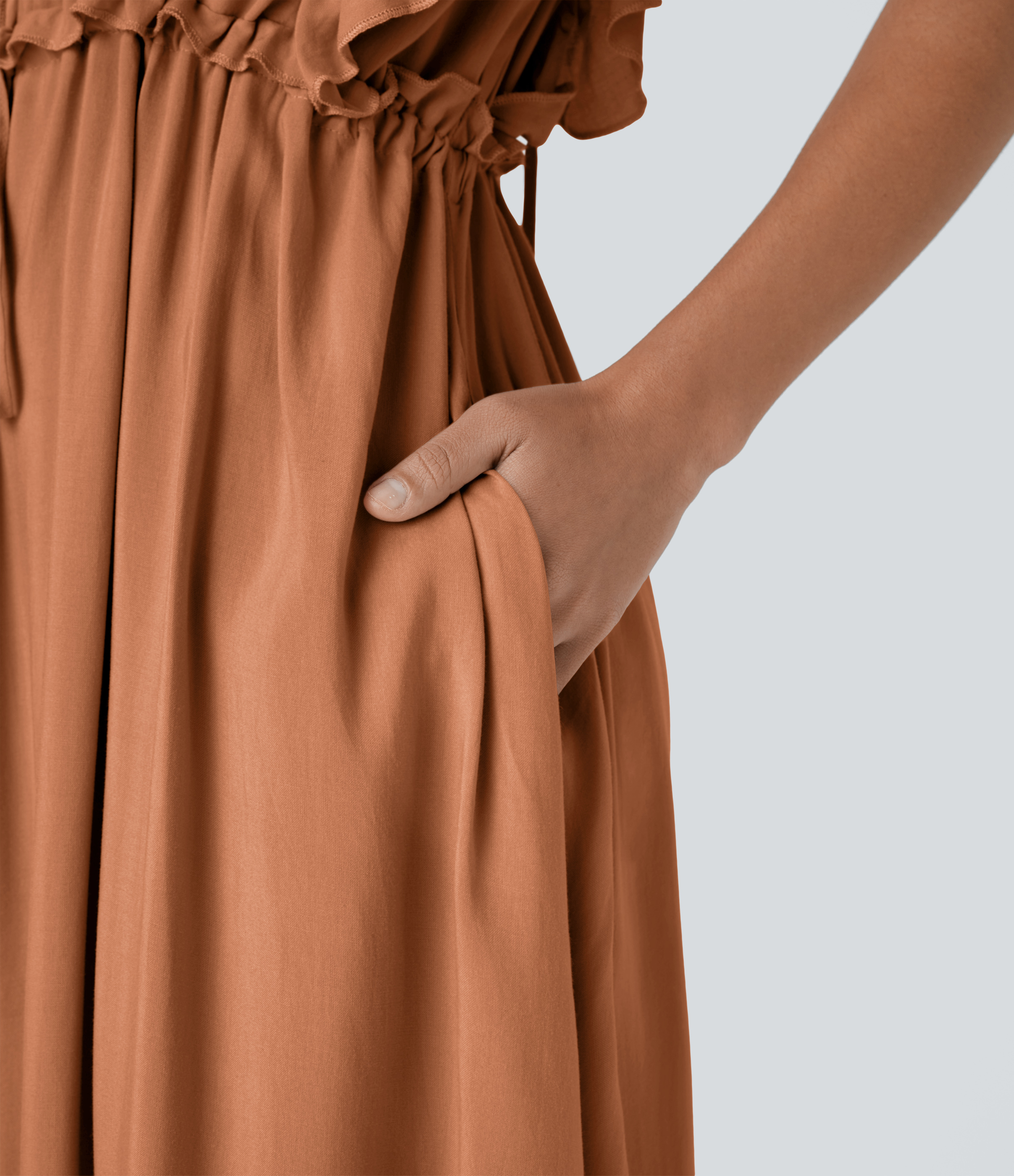 Halara Deep V Neck Butterfly Sleeve Backless Drawstring Button Side Pocket Flowy Maxi Casual Dress Casual Dress - Copper - XS slip dress 