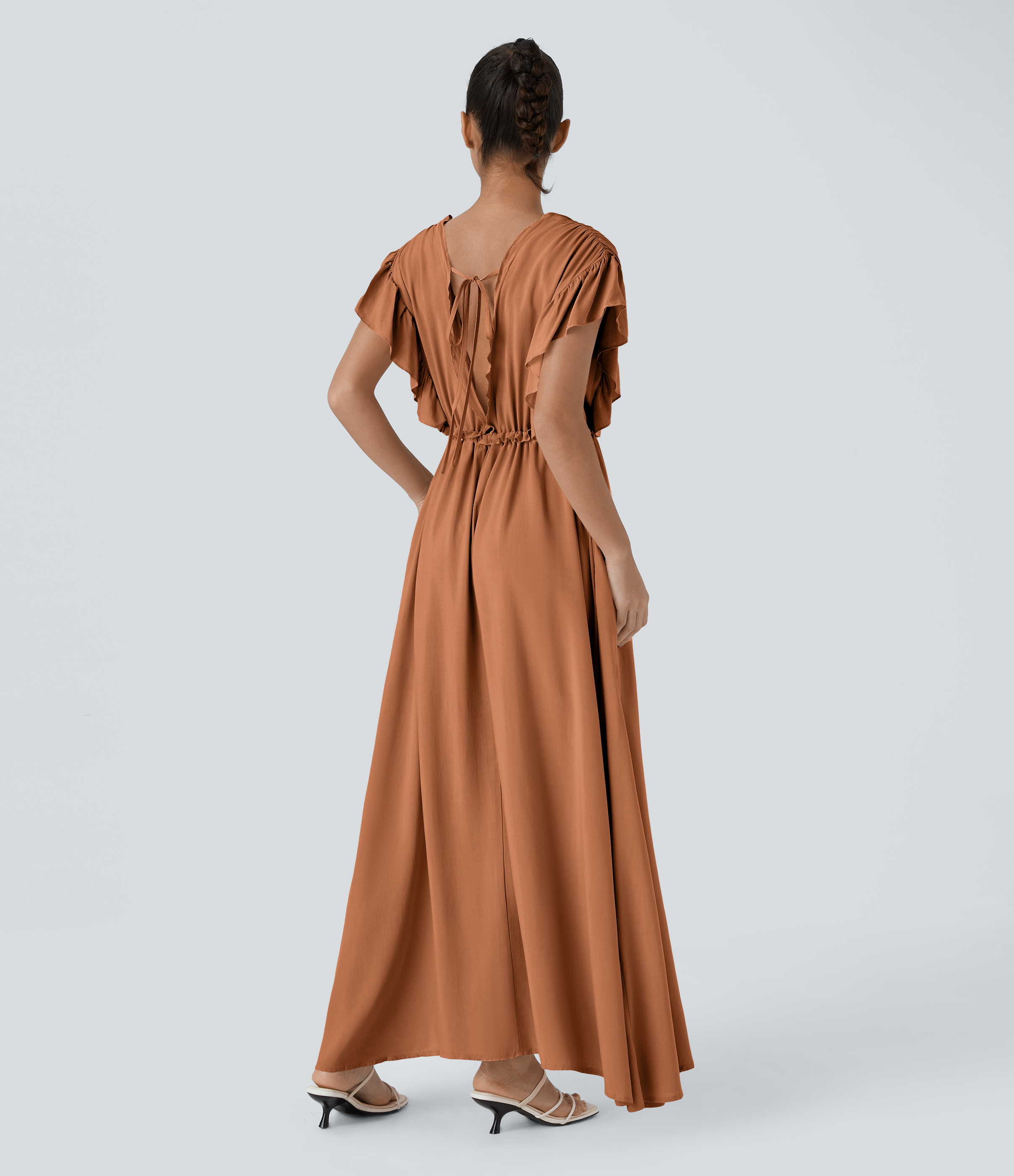 Halara Deep V Neck Butterfly Sleeve Backless Drawstring Button Side Pocket Flowy Maxi Casual Dress Casual Dress - Copper - XS slip dress 