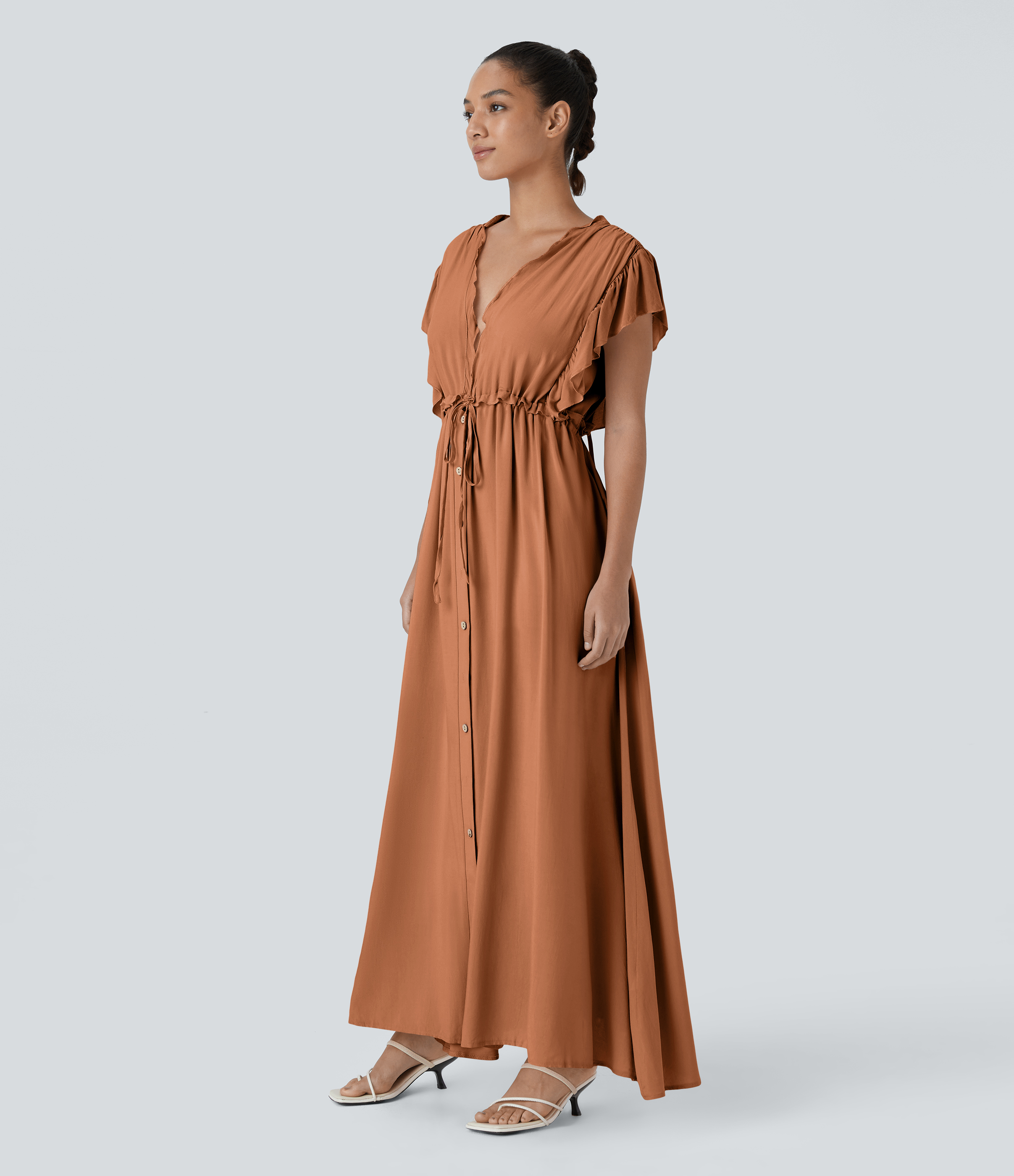 Halara Deep V Neck Butterfly Sleeve Backless Drawstring Button Side Pocket Flowy Maxi Casual Dress Casual Dress - Copper - XS slip dress 