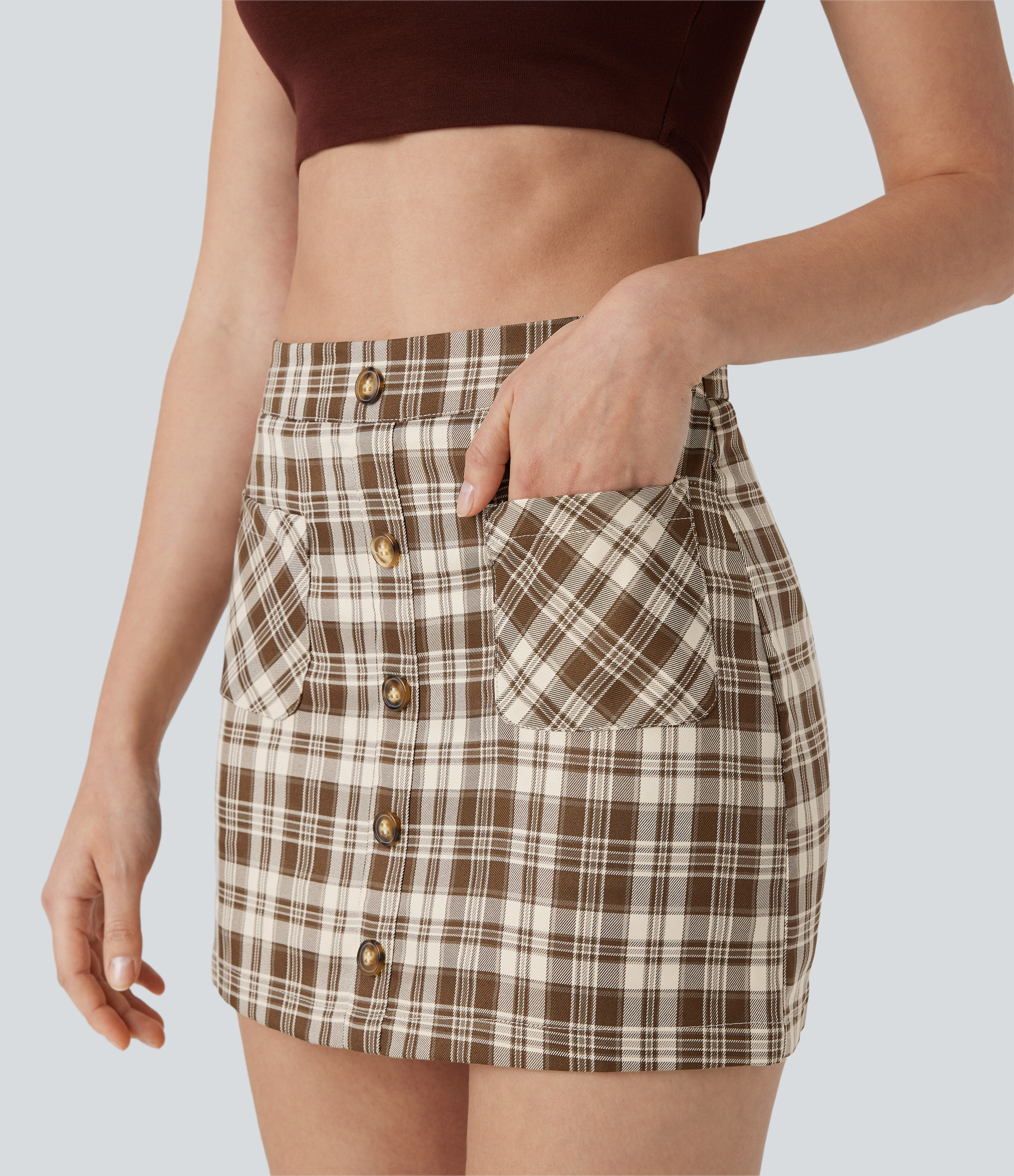 Halara High Waisted Button Front Side Pocket Zipper 2-in-1 Plaid Mini Casual Skirt  - Brown White Gingham - L(regular) 