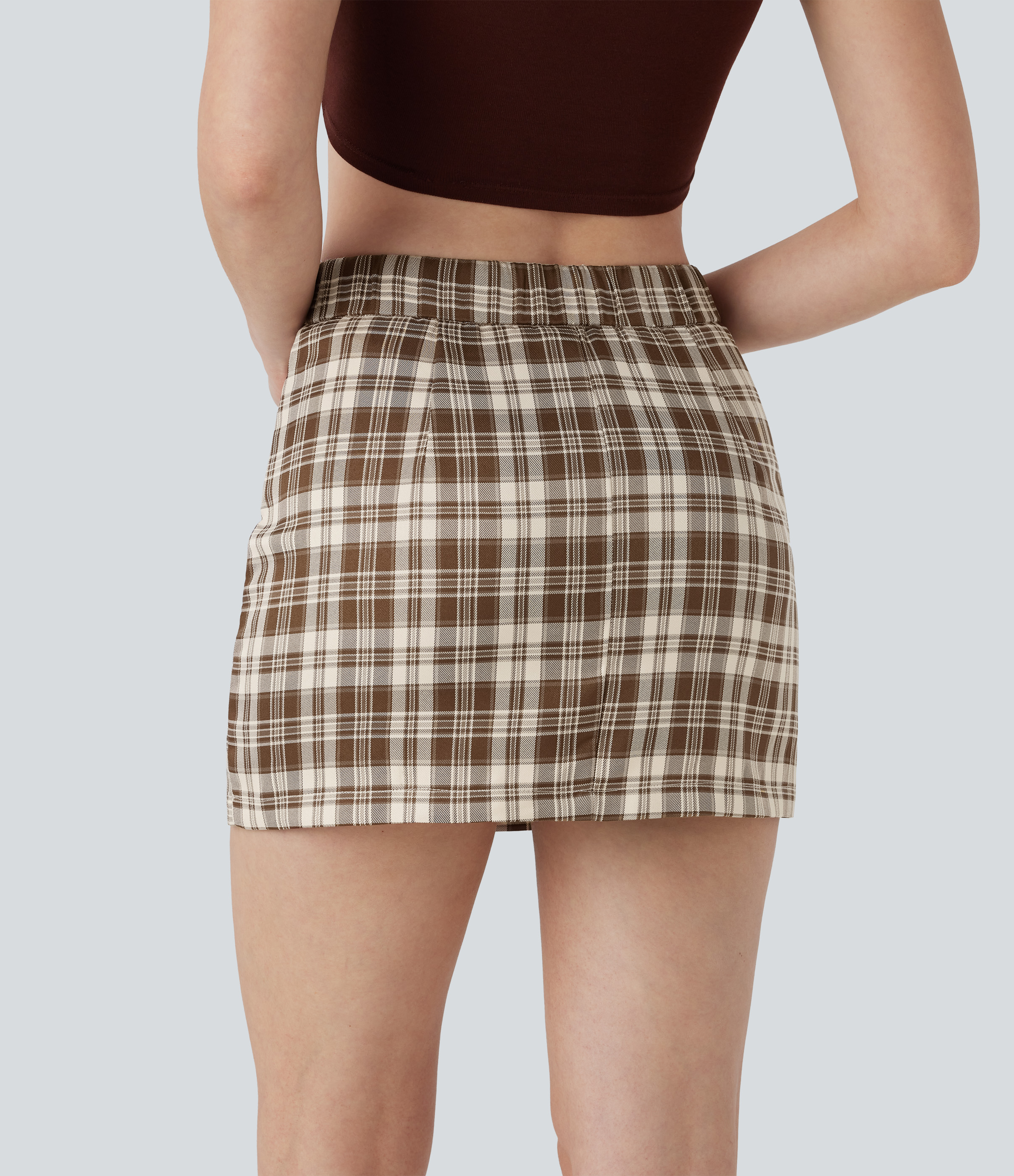 Halara High Waisted Button Front Side Pocket Zipper 2-in-1 Plaid Mini Casual Skirt  - Brown White Gingham - L(regular) 