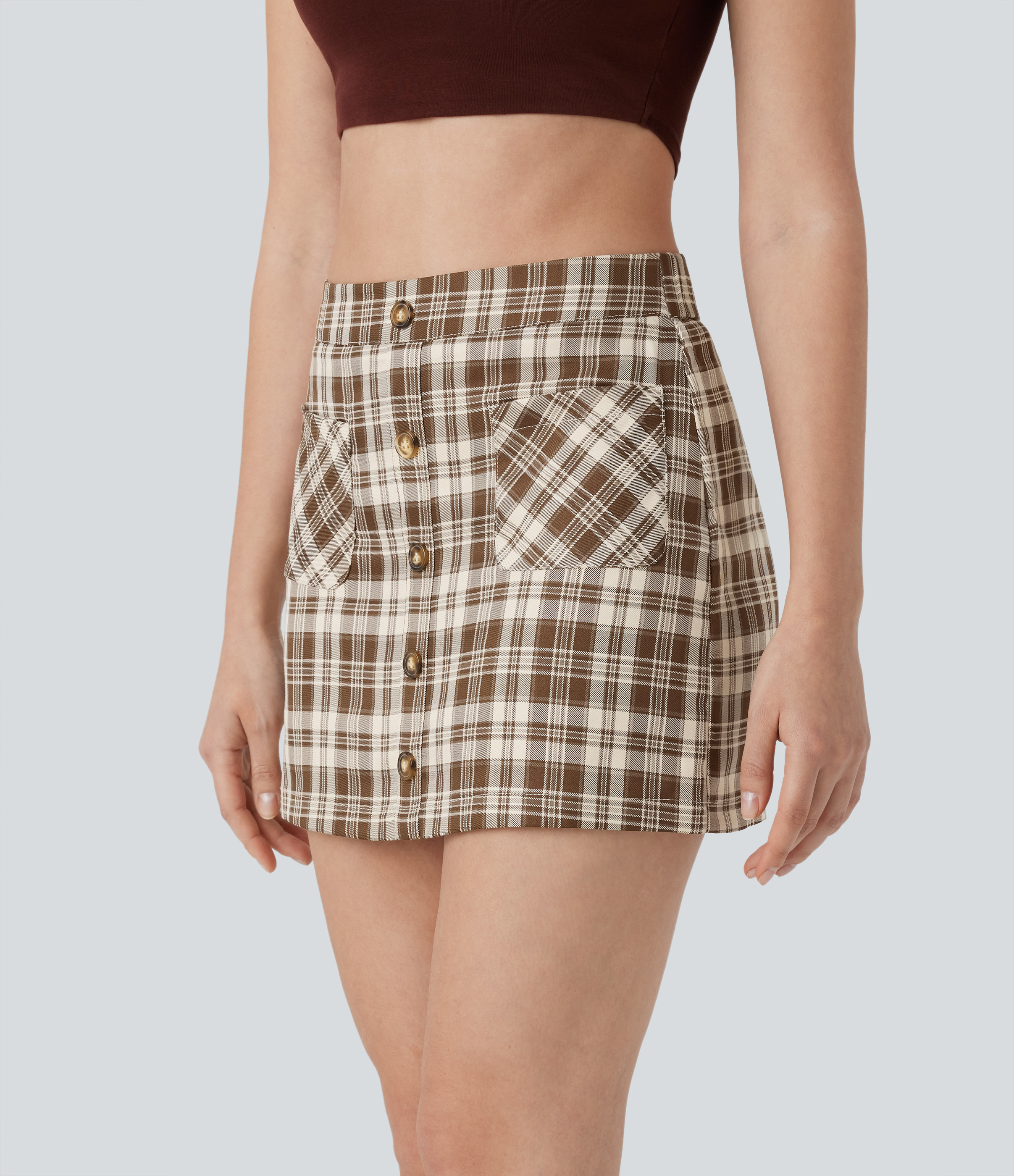 Halara High Waisted Button Front Side Pocket Zipper 2-in-1 Plaid Mini Casual Skirt  - Brown White Gingham - L(regular) 
