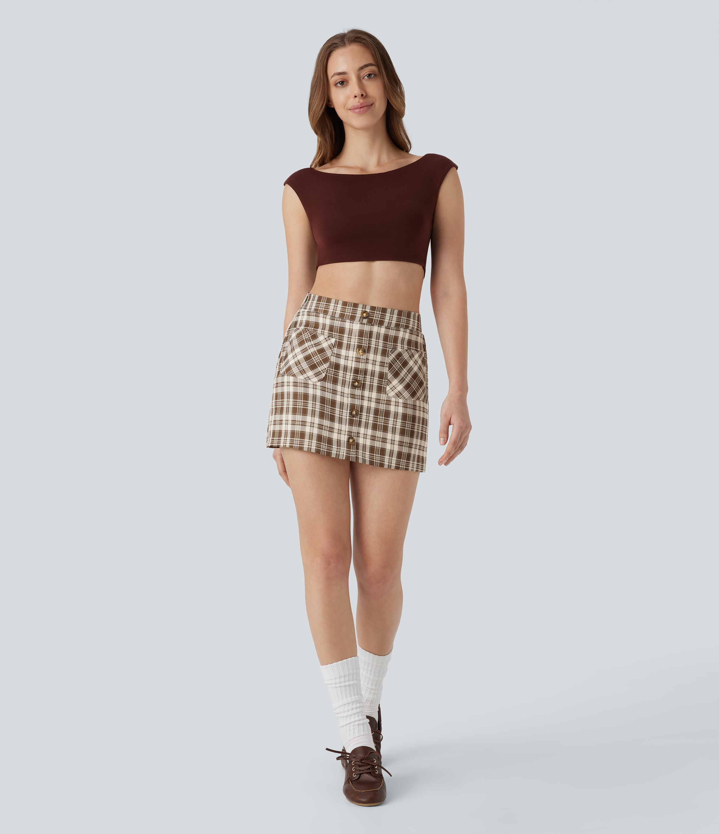 Halara High Waisted Button Front Side Pocket Zipper 2-in-1 Plaid Mini Casual Skirt  - Brown White Gingham - L(regular) 