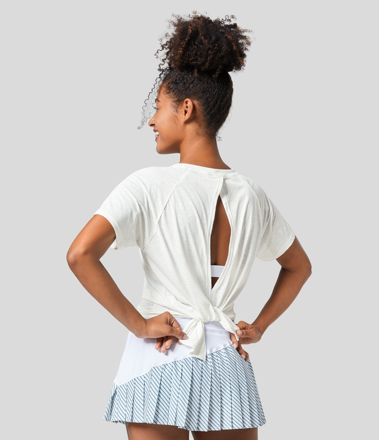 Halara Cut Out Jacquard Tennis Sports Top  - White - S 