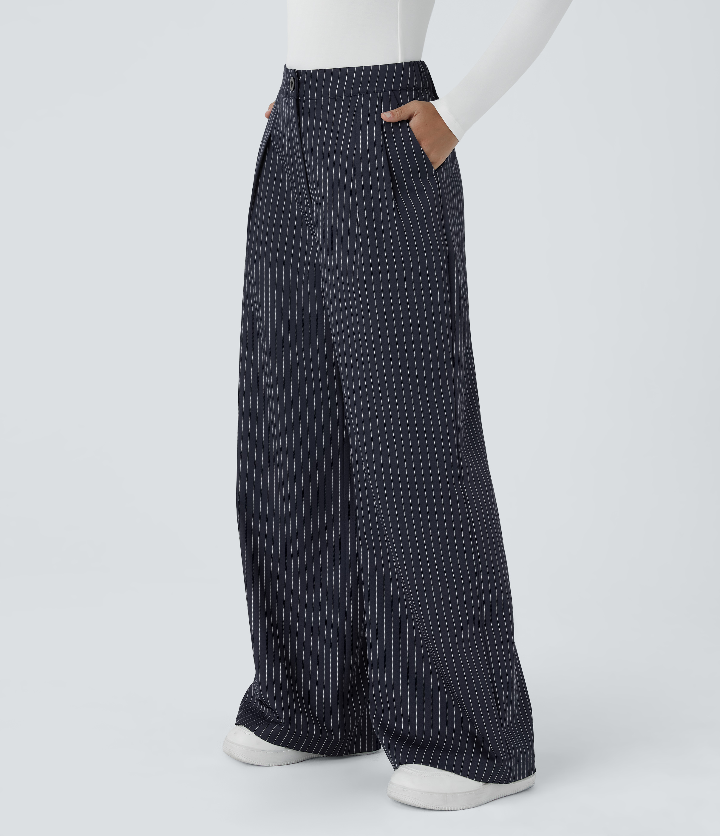 Halara High Waisted Button Zipper Side Pocket Wide Leg Striped Work Pants  - After Midnight - M(regular) sweatpants jogger pants 