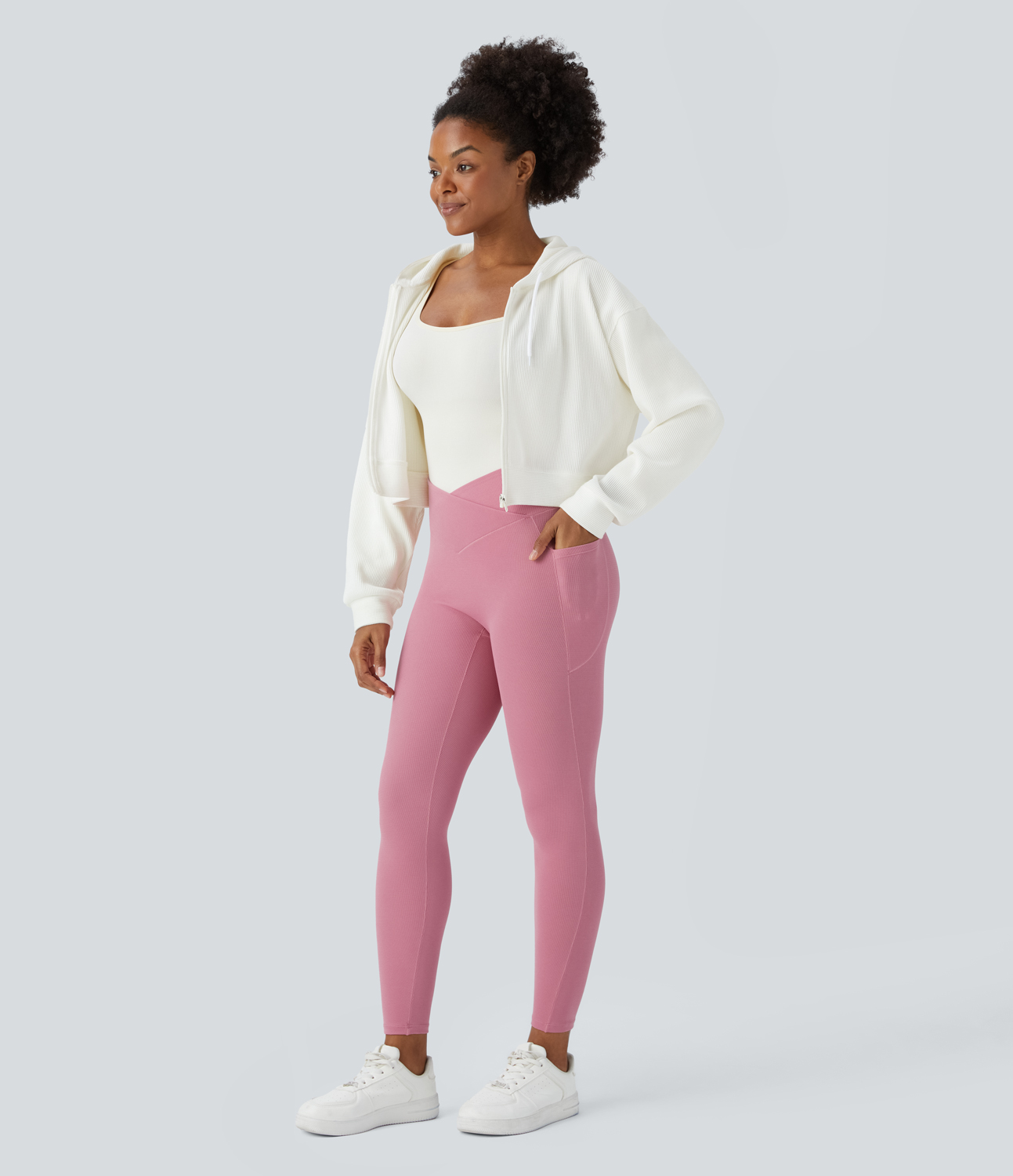 Halara High Waisted Crossover Side Pocket Waffle 7/8 Casual Leggings  - Rouge Pink - L(7/8) gym leggings leggings with pockets 