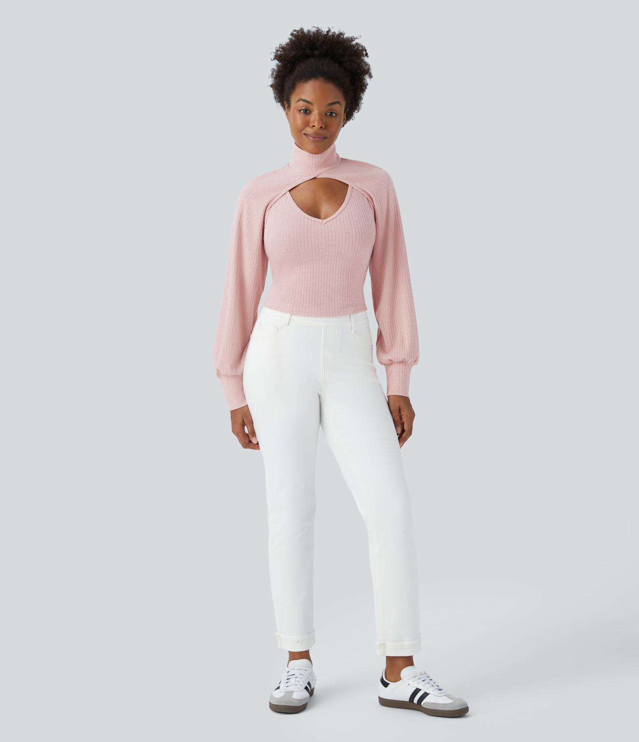 Halara Ribbed Knit High Neck Long Sleeve Cut Out 2-Piece Casual Sweater  - Peachskin - XL 