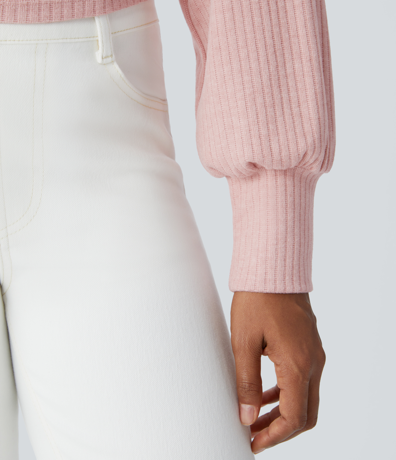 Halara Ribbed Knit High Neck Long Sleeve Cut Out 2-Piece Casual Sweater  - Peachskin - XL 
