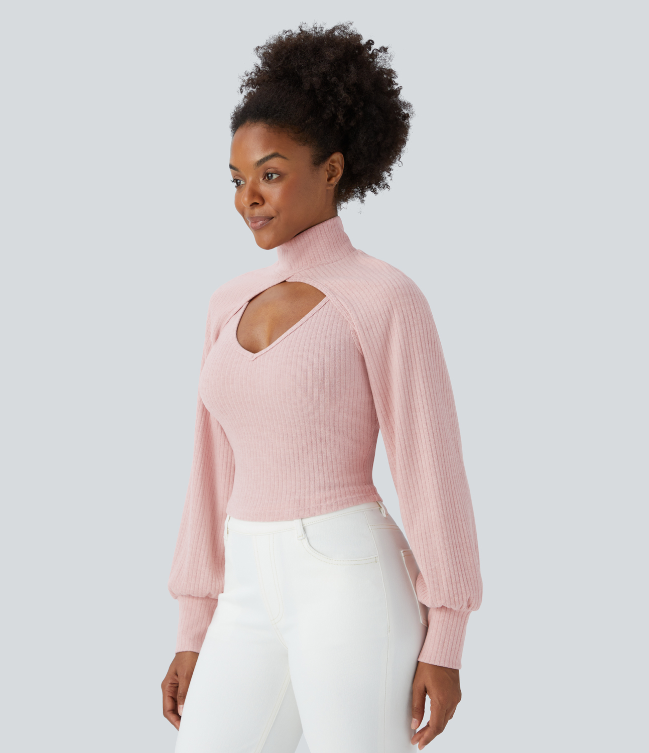 Halara Ribbed Knit High Neck Long Sleeve Cut Out 2-Piece Casual Sweater  - Peachskin - XL 