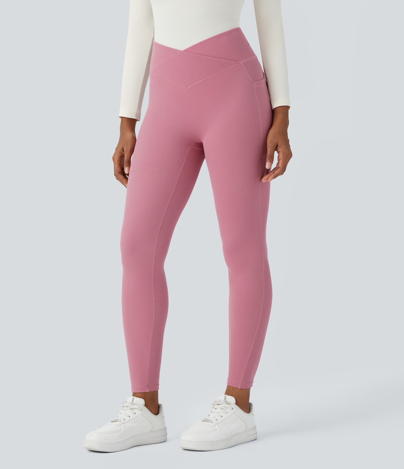 Halara High Waisted Crossover Side Pocket Waffle 7/8 Casual Leggings  - Rouge Pink - L(7/8) gym leggings leggings with pockets 
