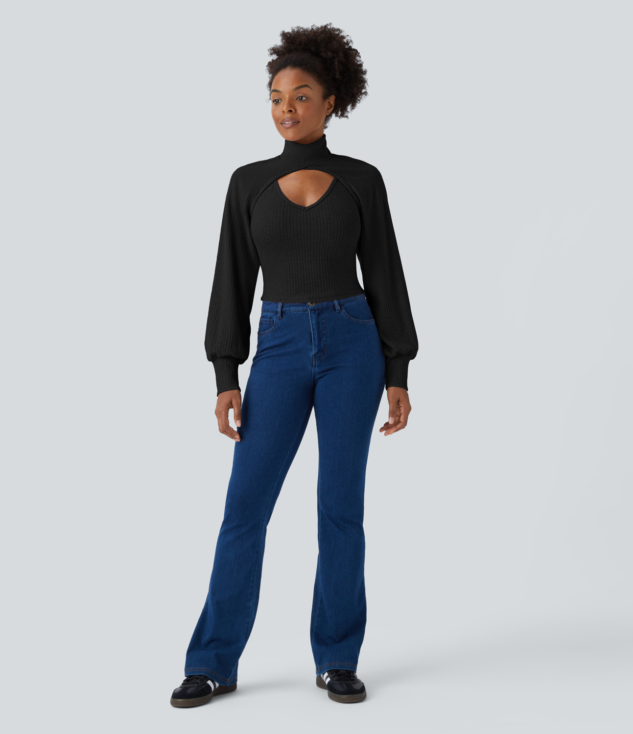 Halara Ribbed Knit High Neck Long Sleeve Cut Out 2-Piece Casual Sweater  - Black - XL 