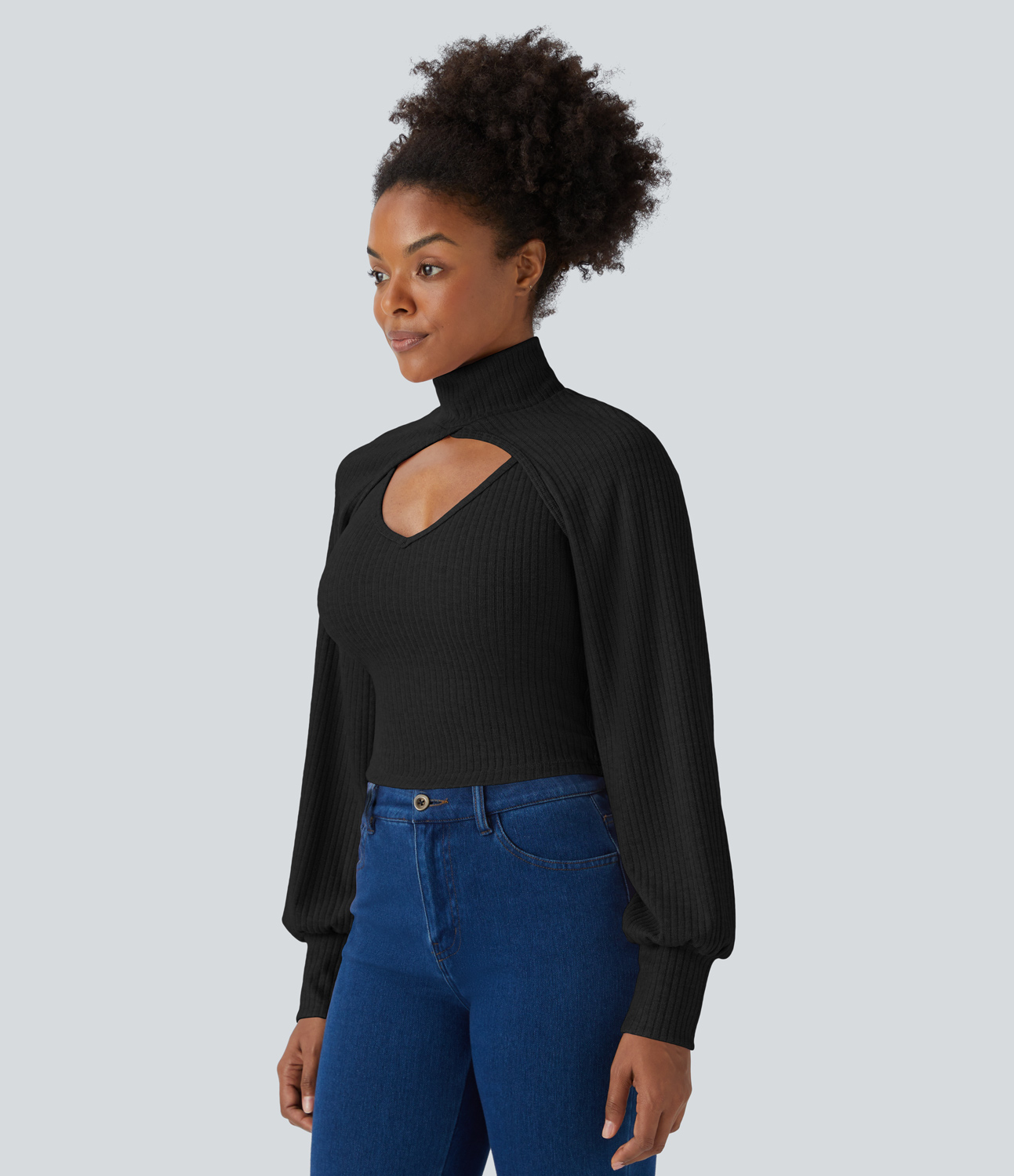 Halara Ribbed Knit High Neck Long Sleeve Cut Out 2-Piece Casual Sweater  - Black - XL 