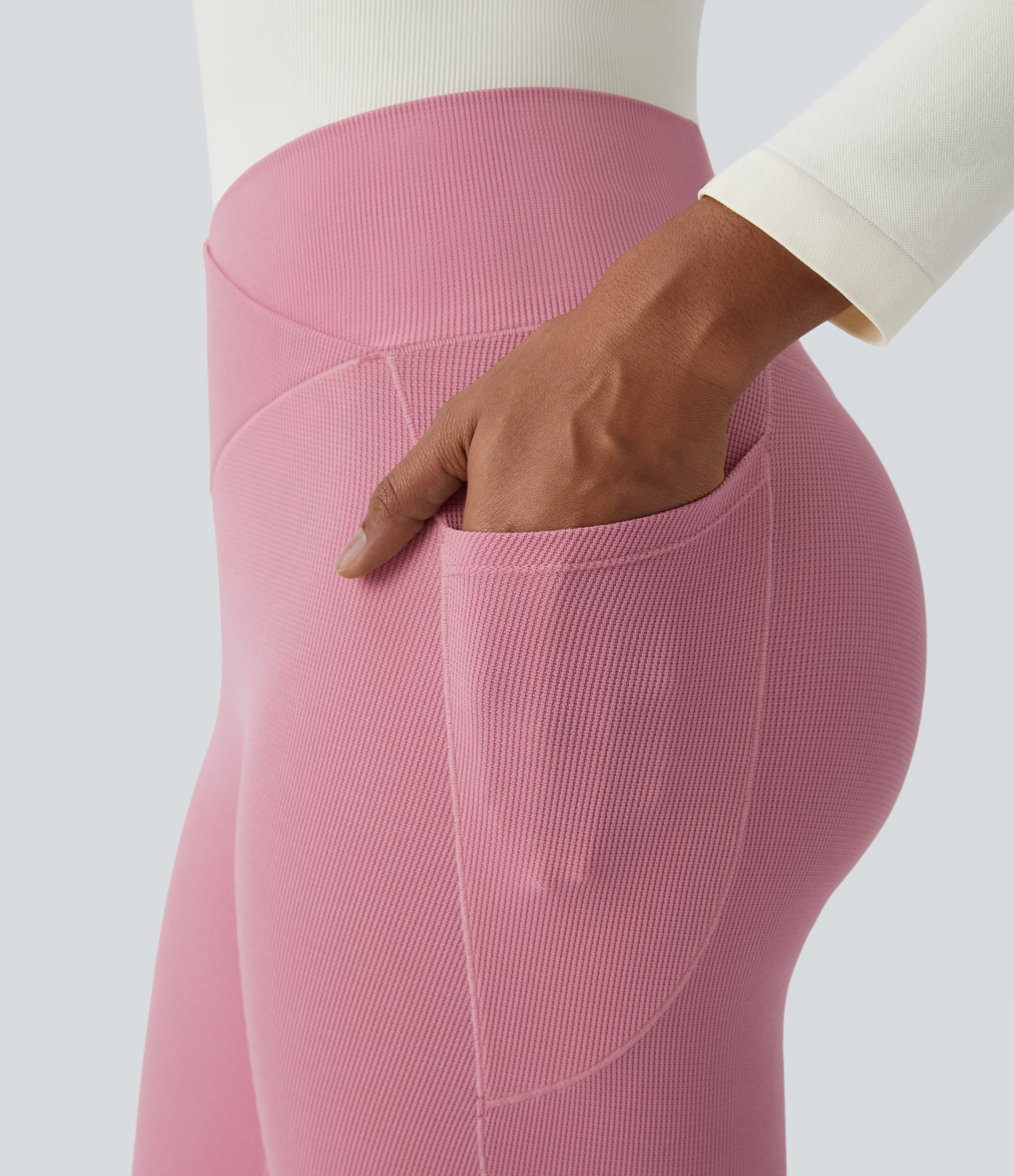 Halara High Waisted Crossover Side Pocket Waffle 7/8 Casual Leggings  - Rouge Pink - L(7/8) gym leggings leggings with pockets 