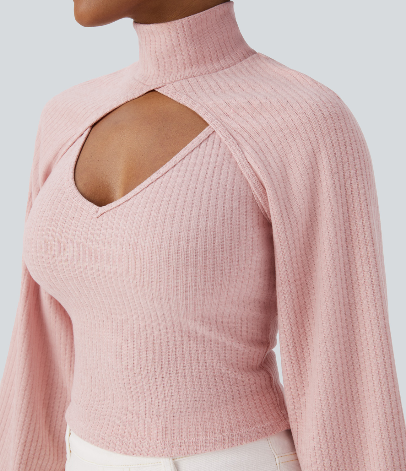 Halara Ribbed Knit High Neck Long Sleeve Cut Out 2-Piece Casual Sweater  - Peachskin - XL 