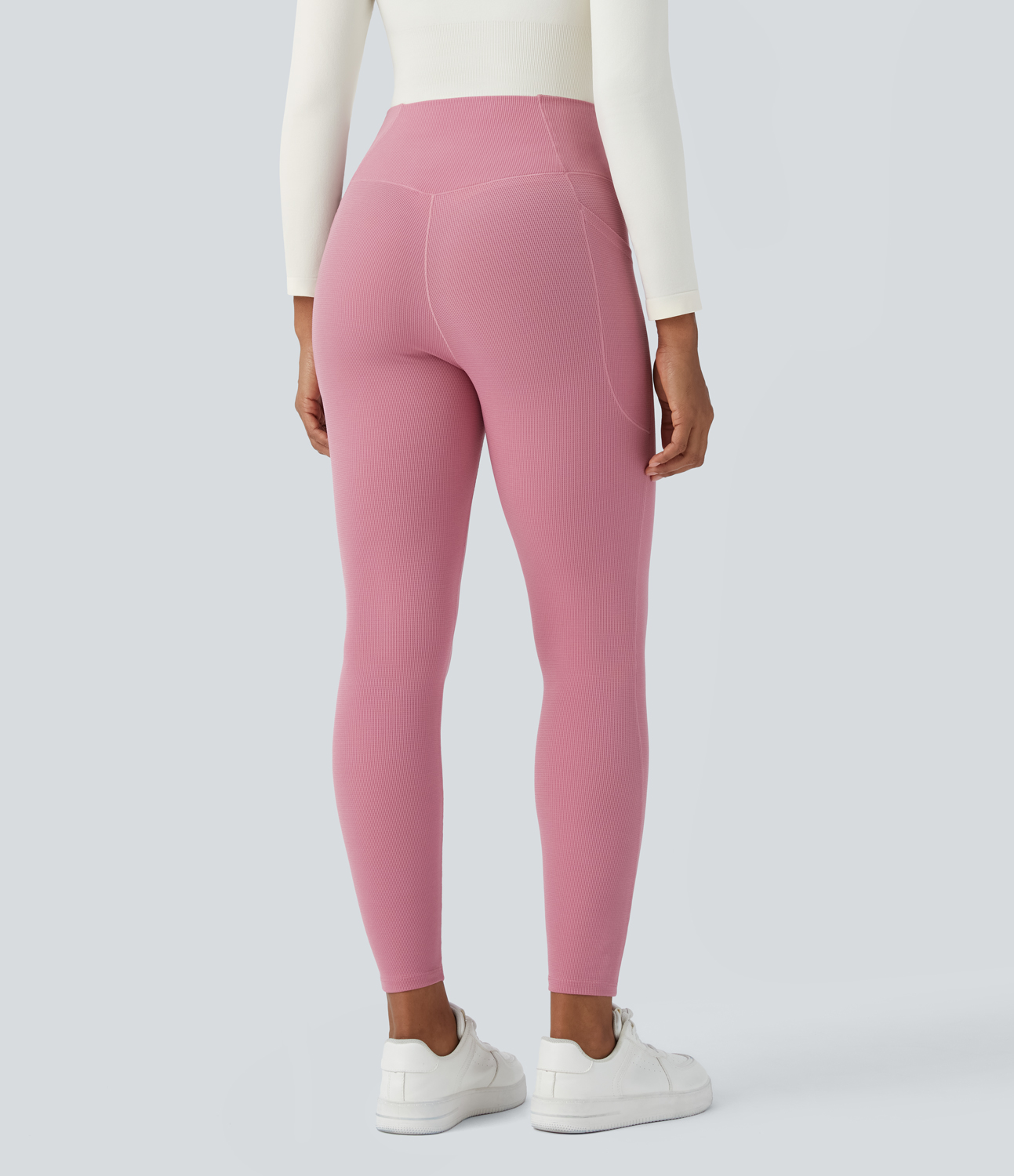 Halara High Waisted Crossover Side Pocket Waffle 7/8 Casual Leggings  - Rouge Pink - L(7/8) gym leggings leggings with pockets 