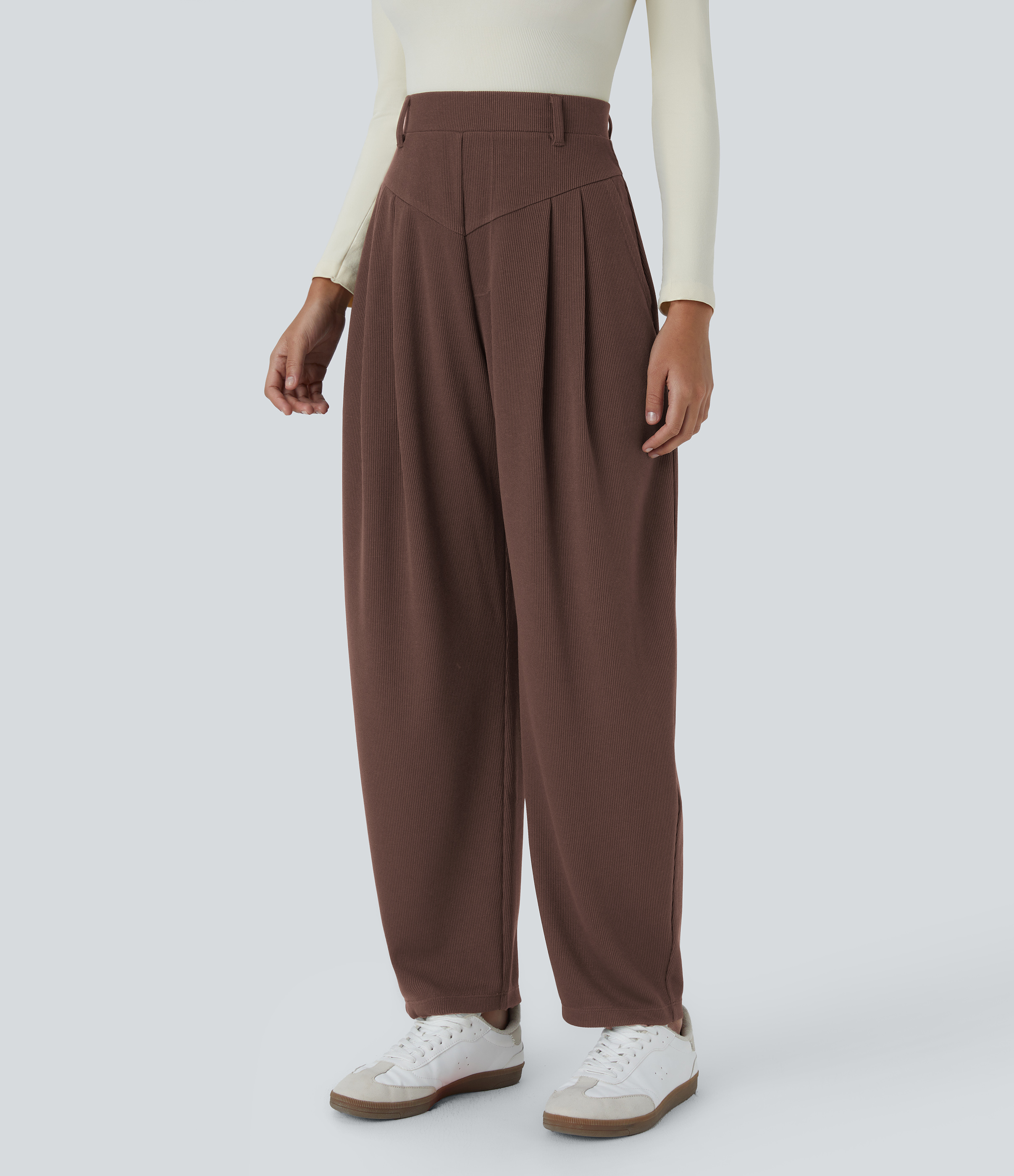 Halara Ribbed High Waisted Plicated Side Pocket  Barrel Leg Work Pants  - Chestnut - XL(regular) sweatpants jogger pants stacked sweatpants 