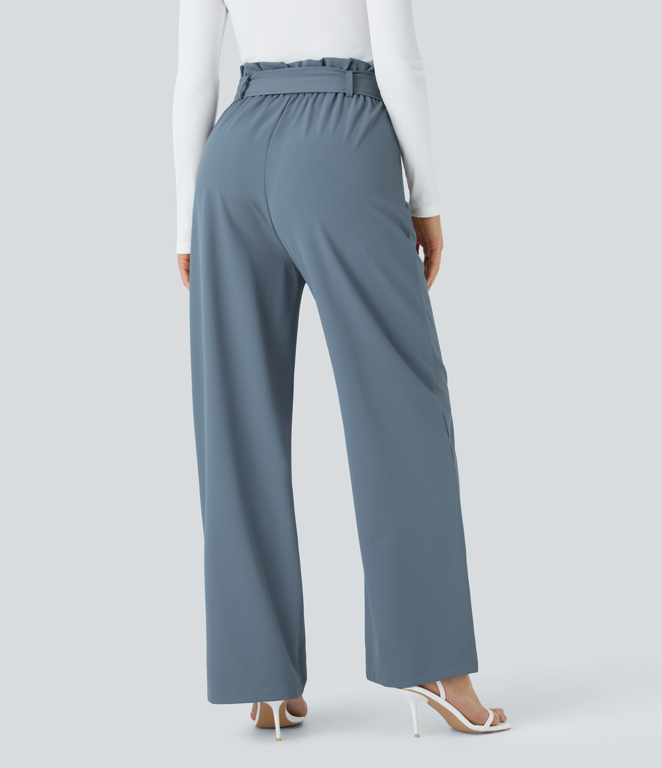Halara Paper Bag High Waisted Belted Side Pocket Wide Leg Work Suit Pants  - Deep Sea Gray Blue - S(regular) sweatpants jogger pants 