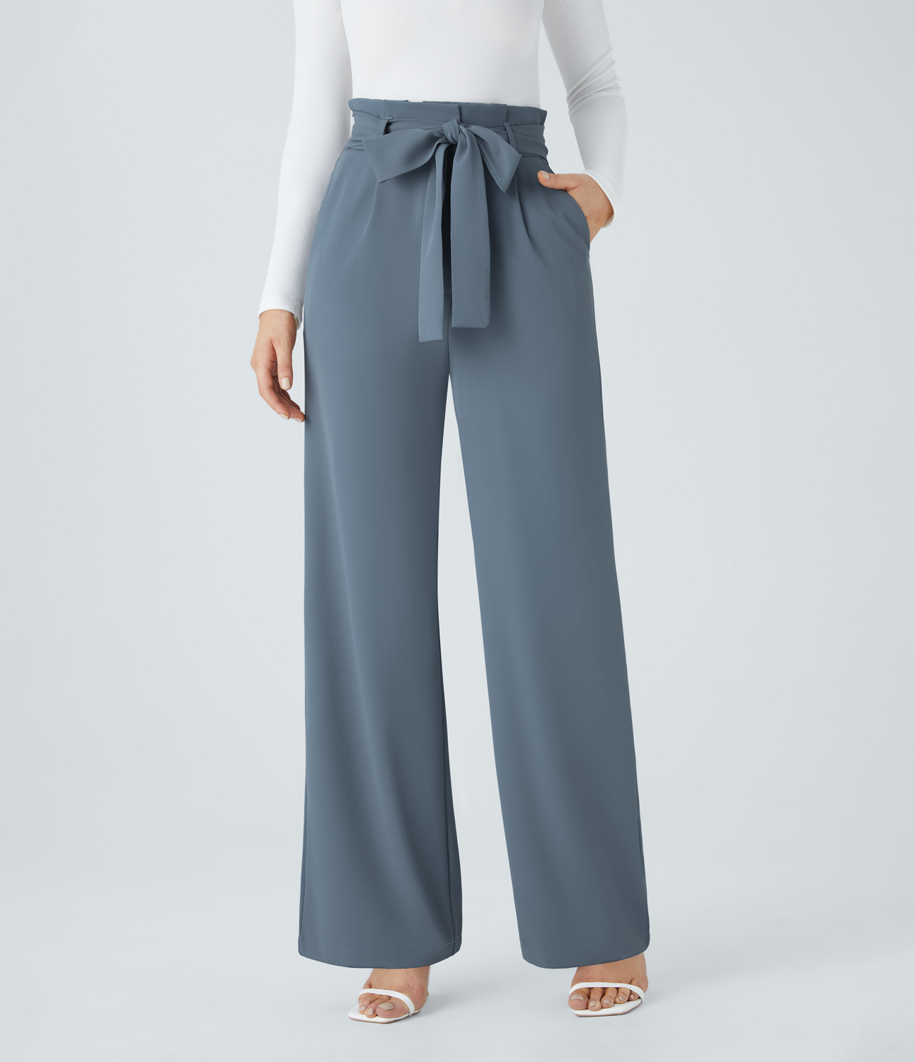 Halara Paper Bag High Waisted Belted Side Pocket Wide Leg Work Suit Pants  - Deep Sea Gray Blue - S(regular) sweatpants jogger pants 