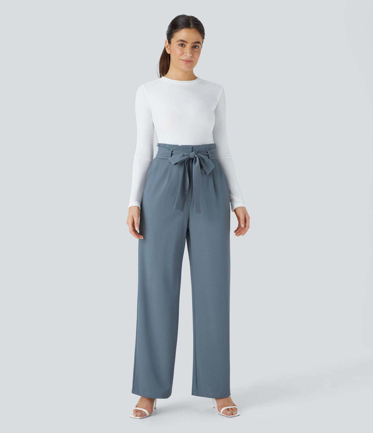 Halara Paper Bag High Waisted Belted Side Pocket Wide Leg Work Suit Pants  - Deep Sea Gray Blue - S(regular) sweatpants jogger pants 