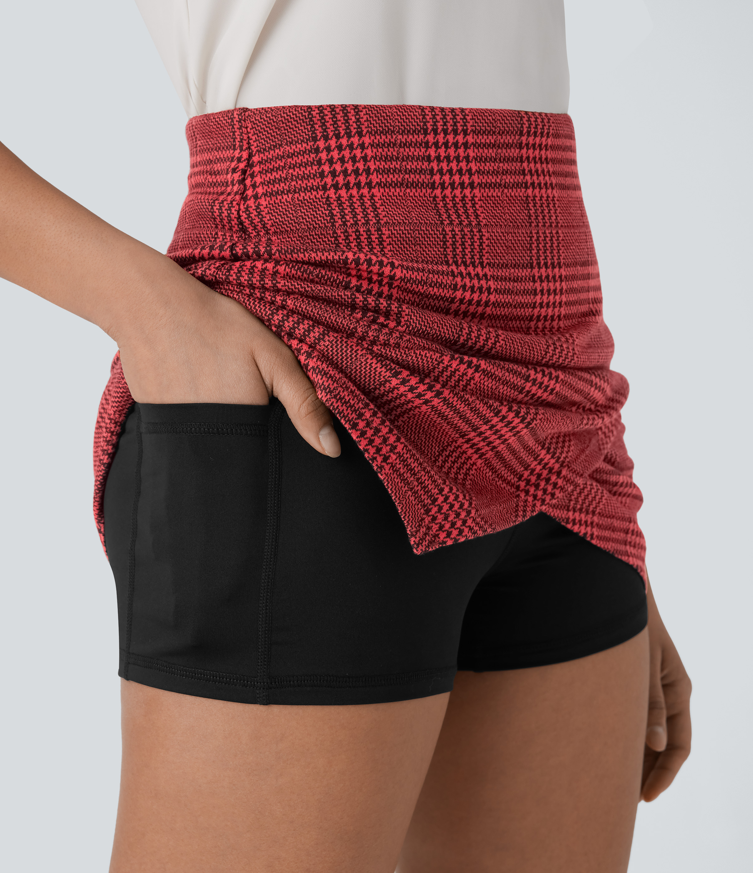 Halara High Waisted 2-in-1 Side Pocket Asymmetric Hem Houndstooth Plaid Bodycon Mini Work Skirt  - Burgundy Houndstooth Pattern - L(regular) 