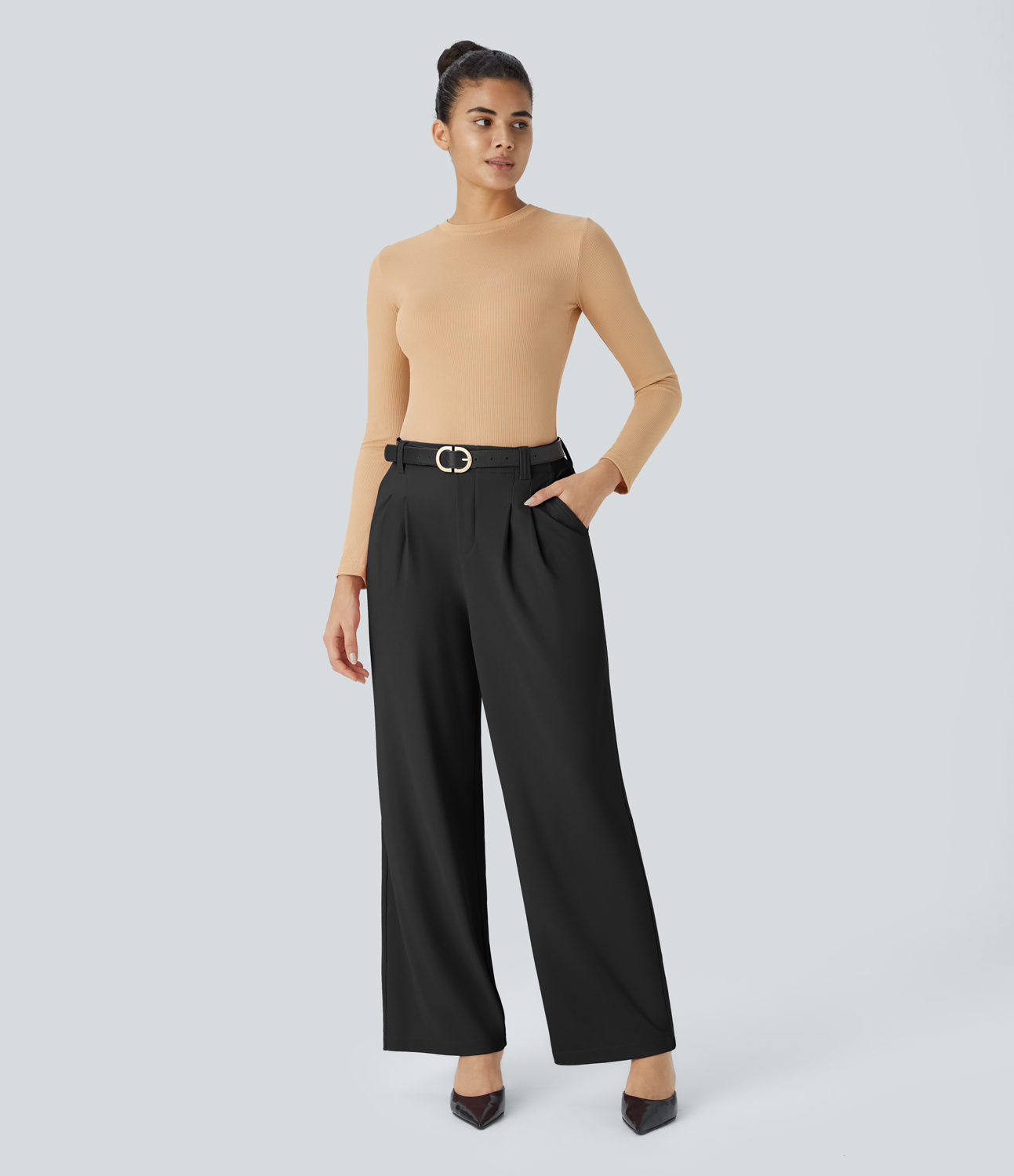Halara HalaraFlexв„ў High Waisted Plicated Side Pocket Wide Leg Micro Waffle Work Pants  - Black - XL(regular) sweatpants jogger pants 