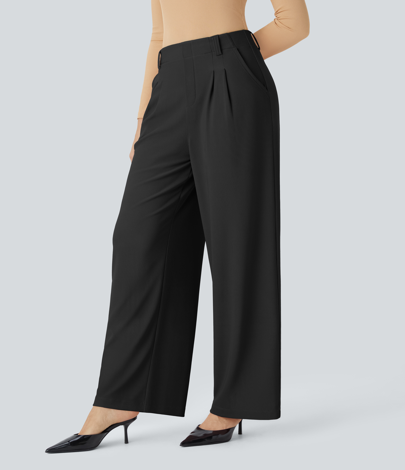 Halara HalaraFlexв„ў High Waisted Plicated Side Pocket Wide Leg Micro Waffle Work Pants  - Black - XL(regular) sweatpants jogger pants 