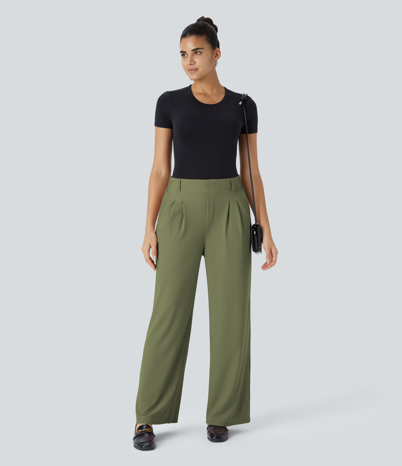 Halara HalaraFlexв„ў High Waisted Plicated Side Pocket Wide Leg Micro Waffle Work Pants  - Mosstone - S(regular) sweatpants jogger pants 