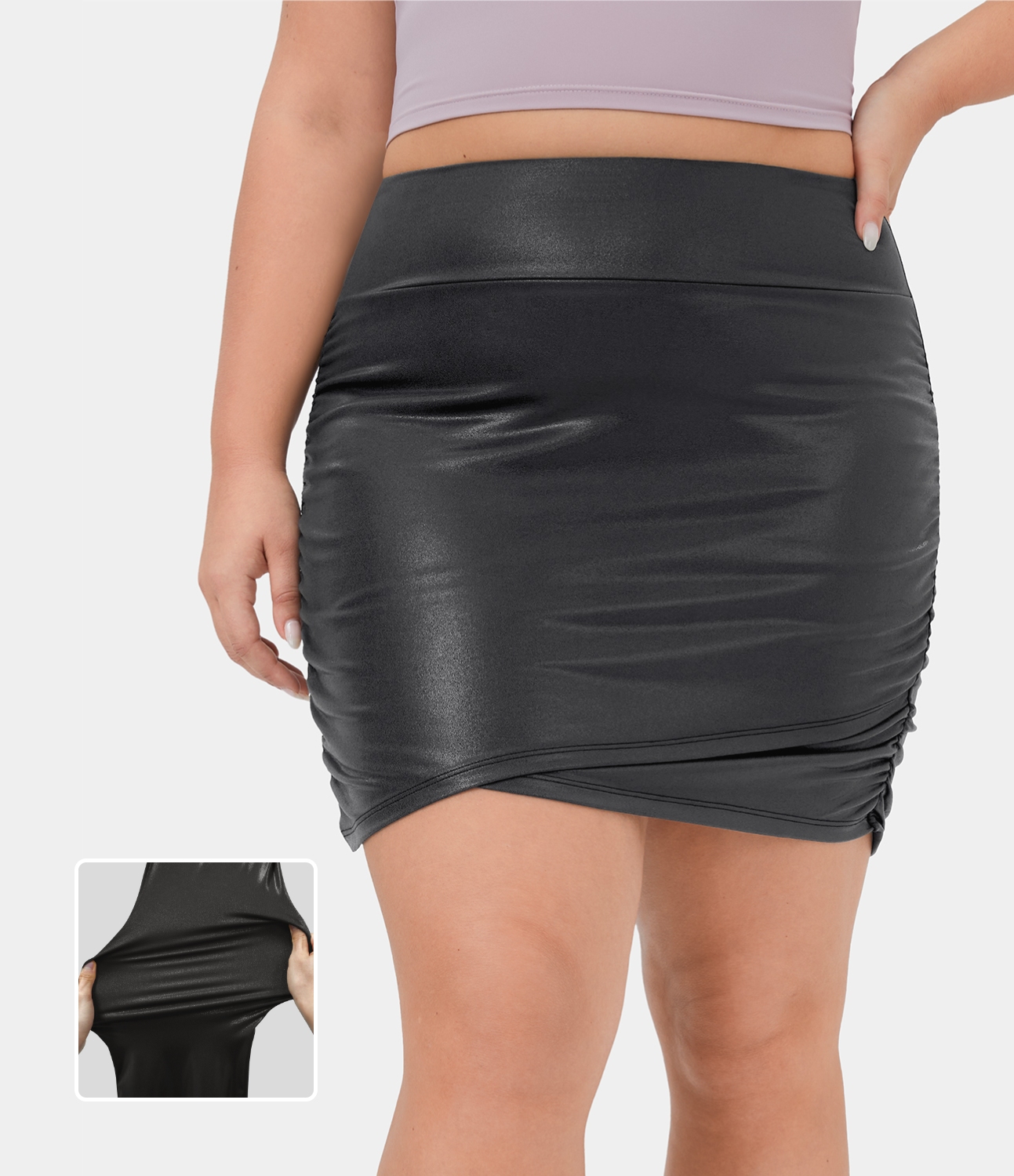 

Halara Softlyzeroв„ў Faux Leather High Waisted Bodycon Foil Print Stretchy Plus Size 2-in-1 Ruched Casual Skirt - Shiny Dusk Black