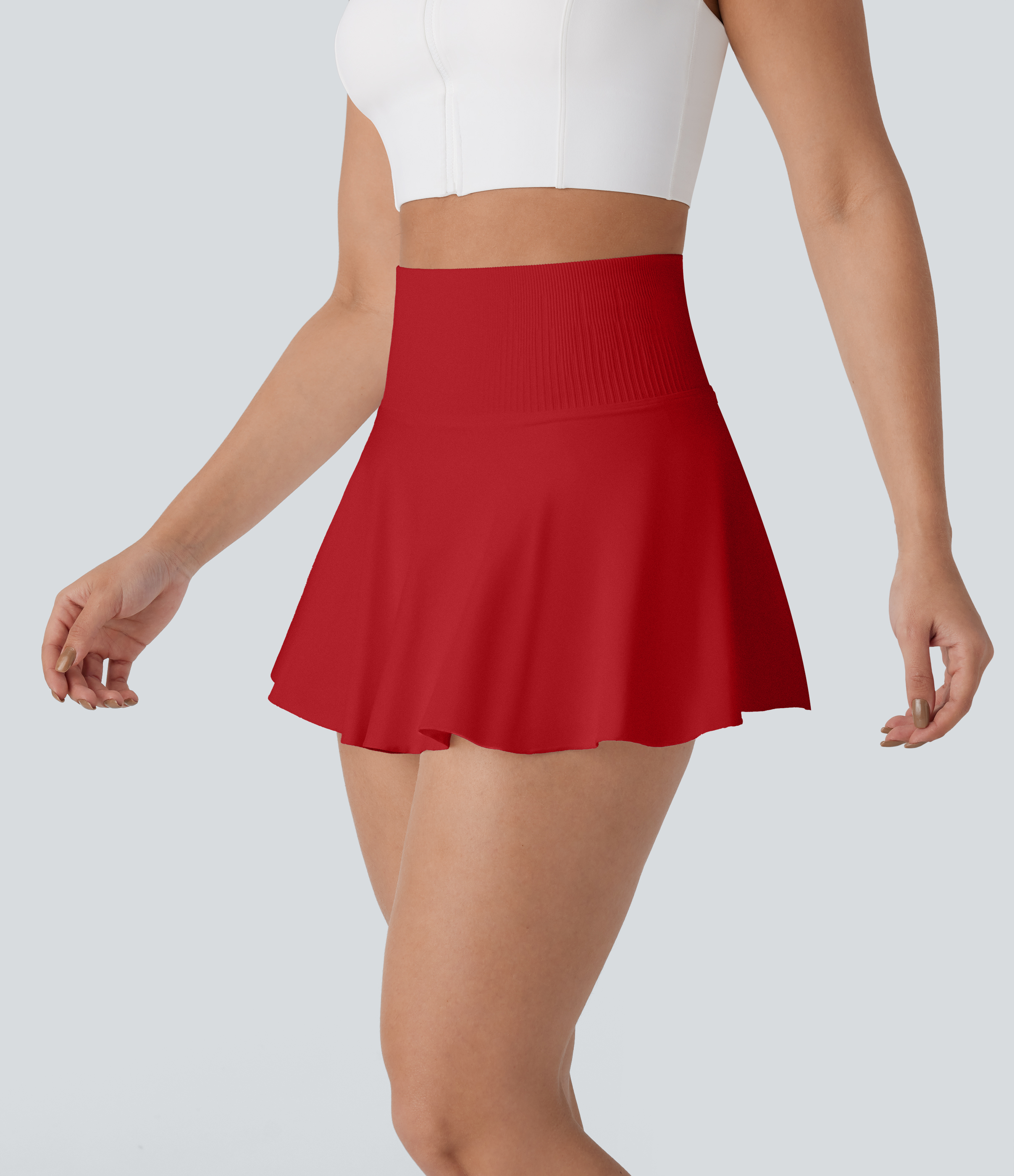Halara Seamless Flow High Waisted 2-in-1 Flare Mini Yoga Skirt  - Salsa - L(regular) midi skirt a line skirt golfing skirt 