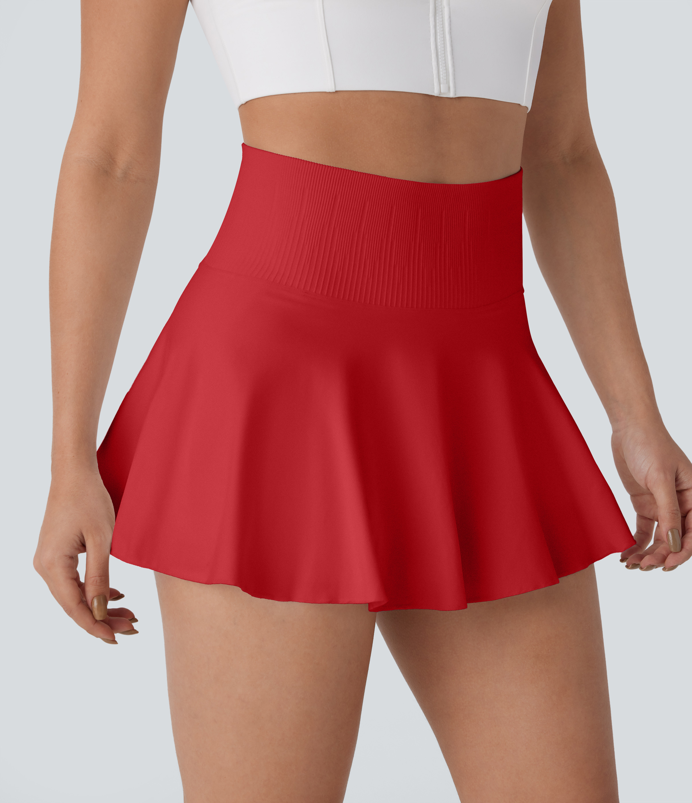 Halara Seamless Flow High Waisted 2-in-1 Flare Mini Yoga Skirt  - Salsa - L(regular) midi skirt a line skirt golfing skirt 