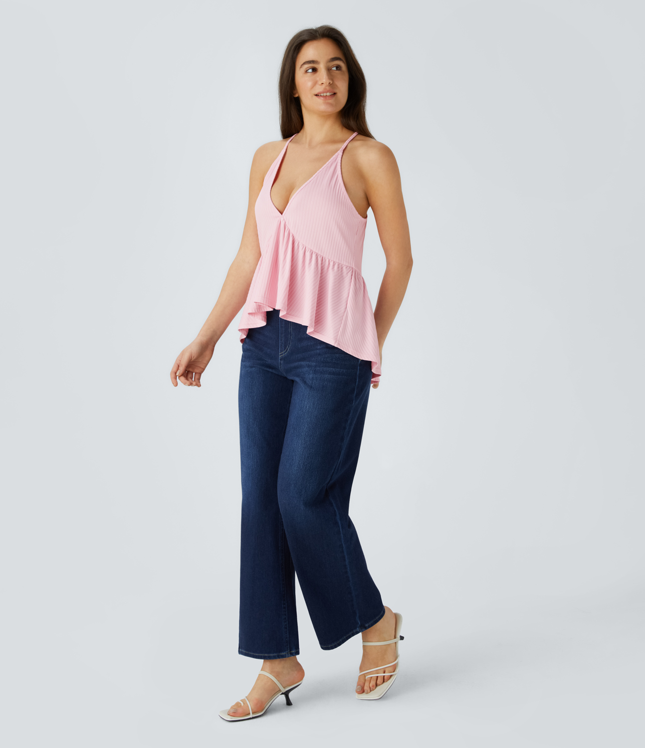 Halara Deep V Neck Ruffle Hem High Low Casual Cami Top Tank Top - Barely Pink - XL golf tops halter top tunic tops sleeveless tops 