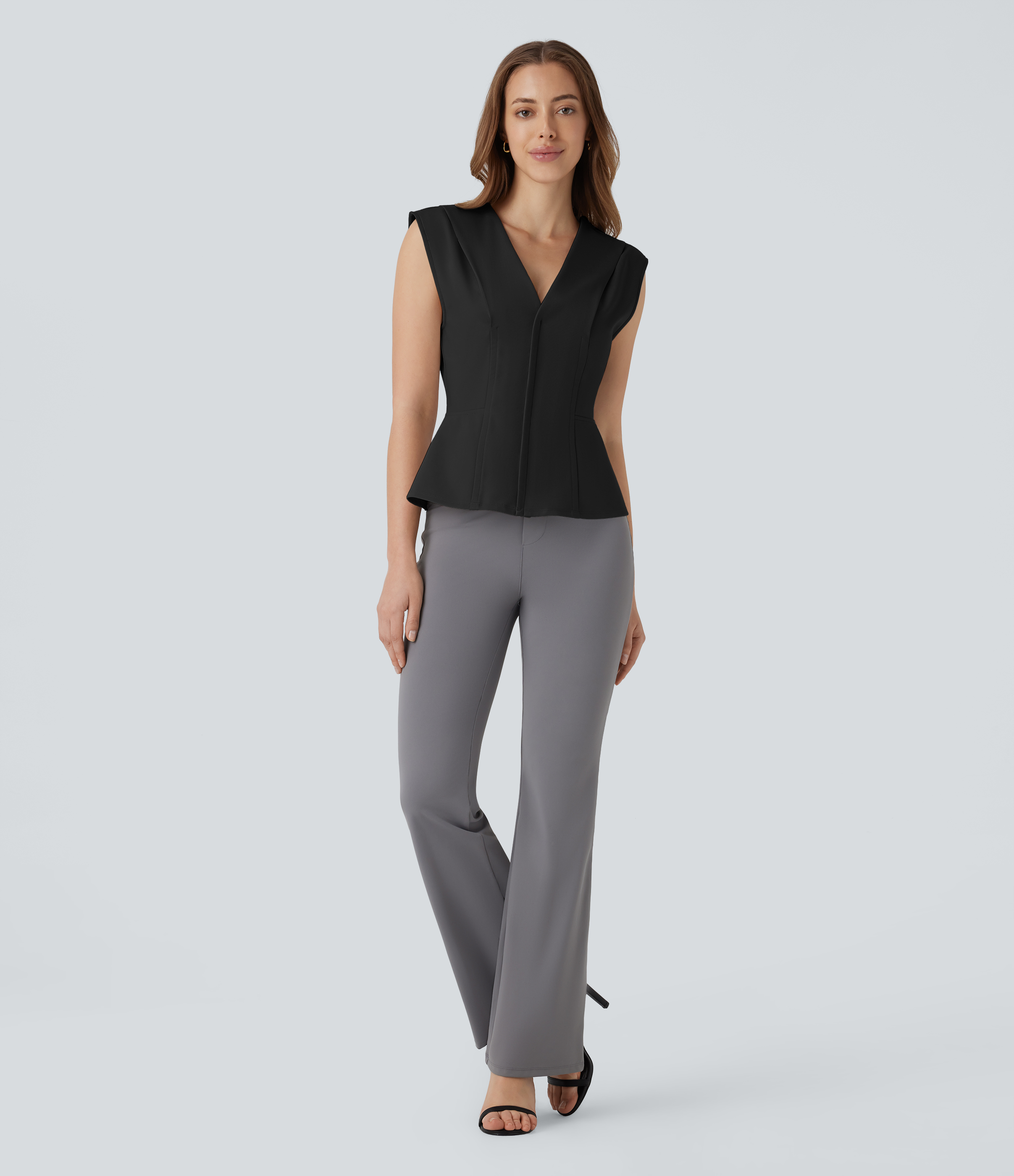 Halara V Neck Sleeveless Slim Work Peplum Top Tank Top - Black - XL golf tops halter top tunic tops sleeveless tops backless top 