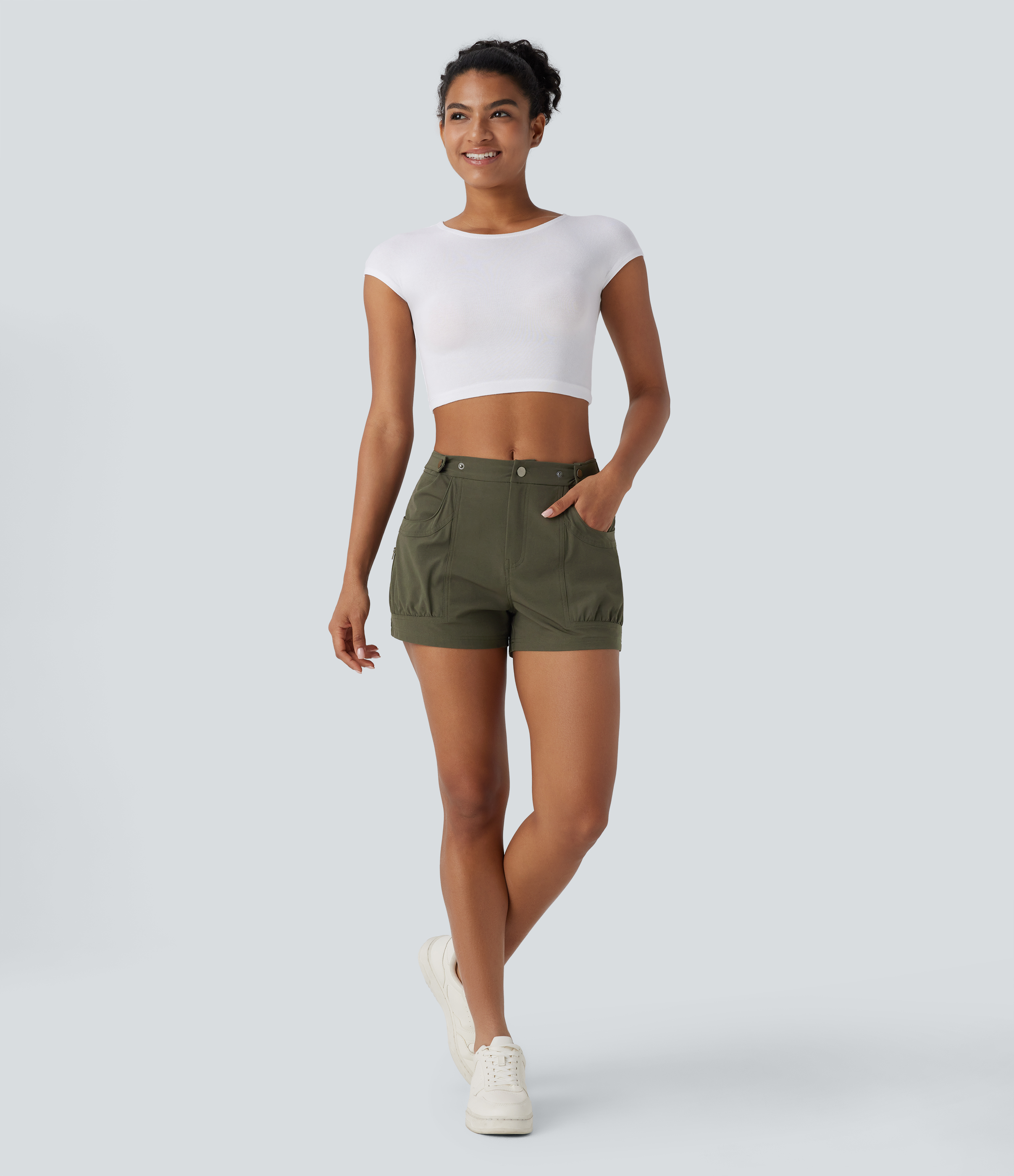 Halara Mid Rise Adjustable Waistband Side Pocket Casual Shorts  - Moss Green - M booty shorts compression shorts yoga shorts 