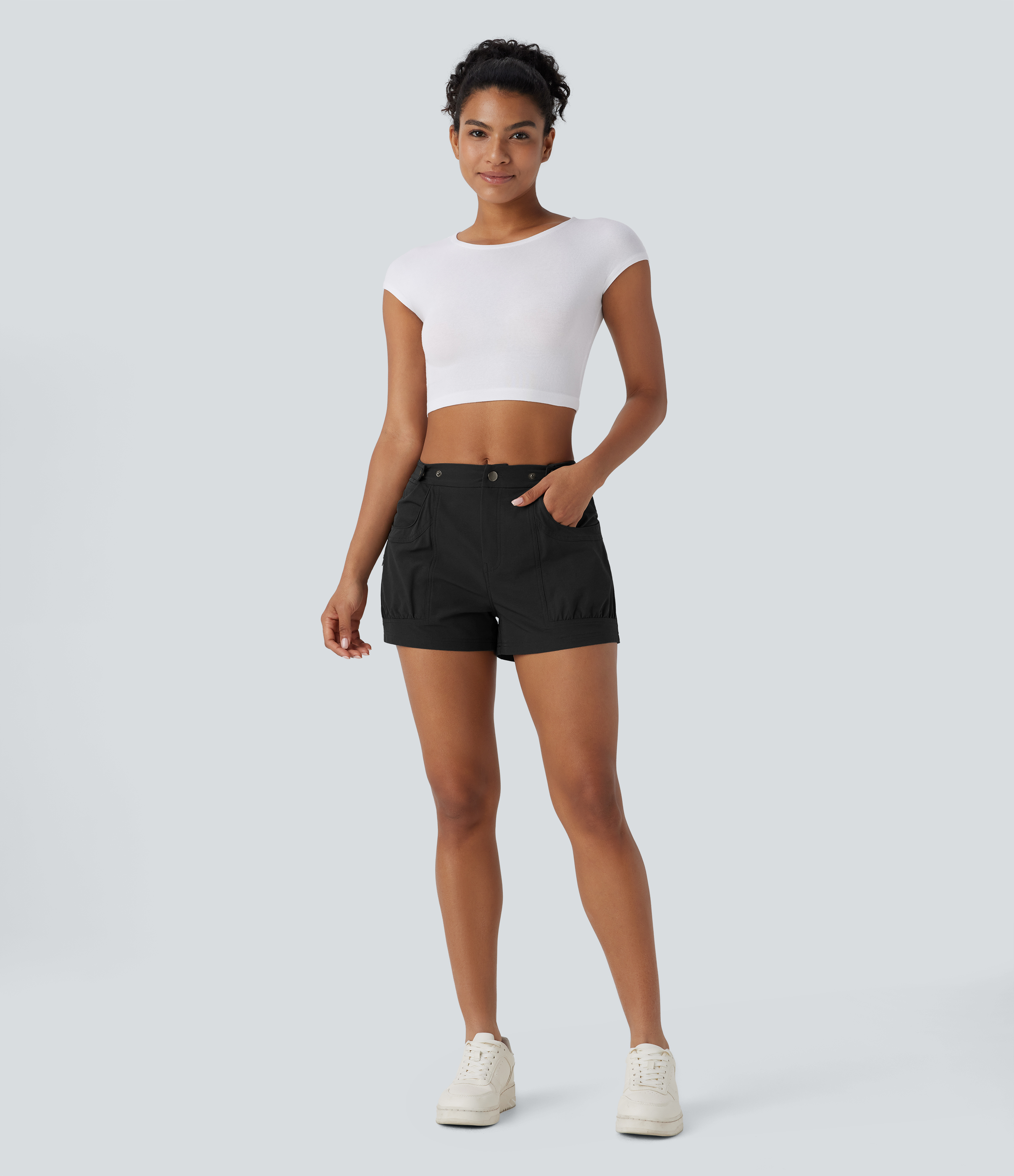 Halara Mid Rise Adjustable Waistband Side Pocket Casual Shorts  - Black - L booty shorts compression shorts yoga shorts 