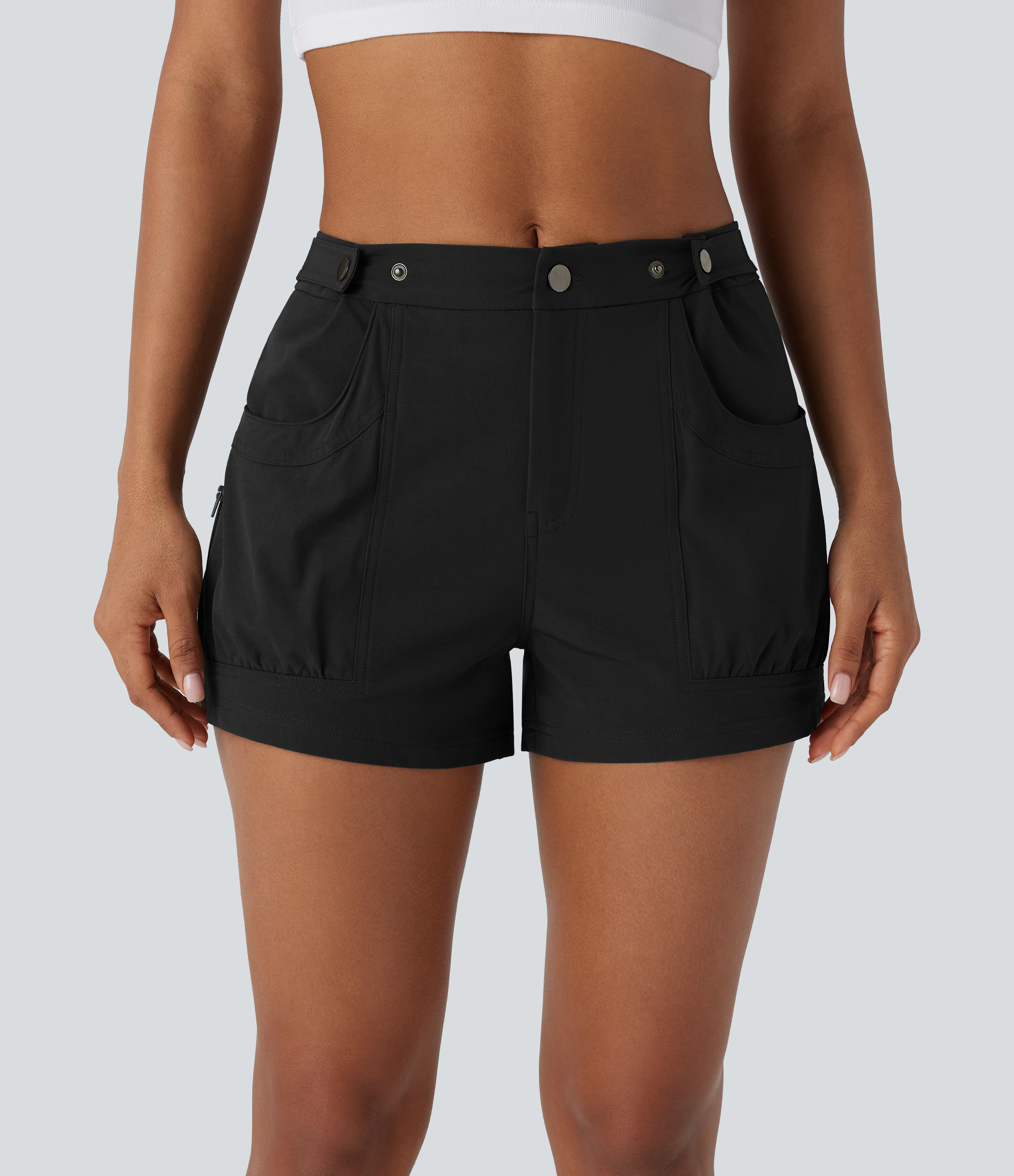 Halara Mid Rise Adjustable Waistband Side Pocket Casual Shorts  - Black - L booty shorts compression shorts yoga shorts 