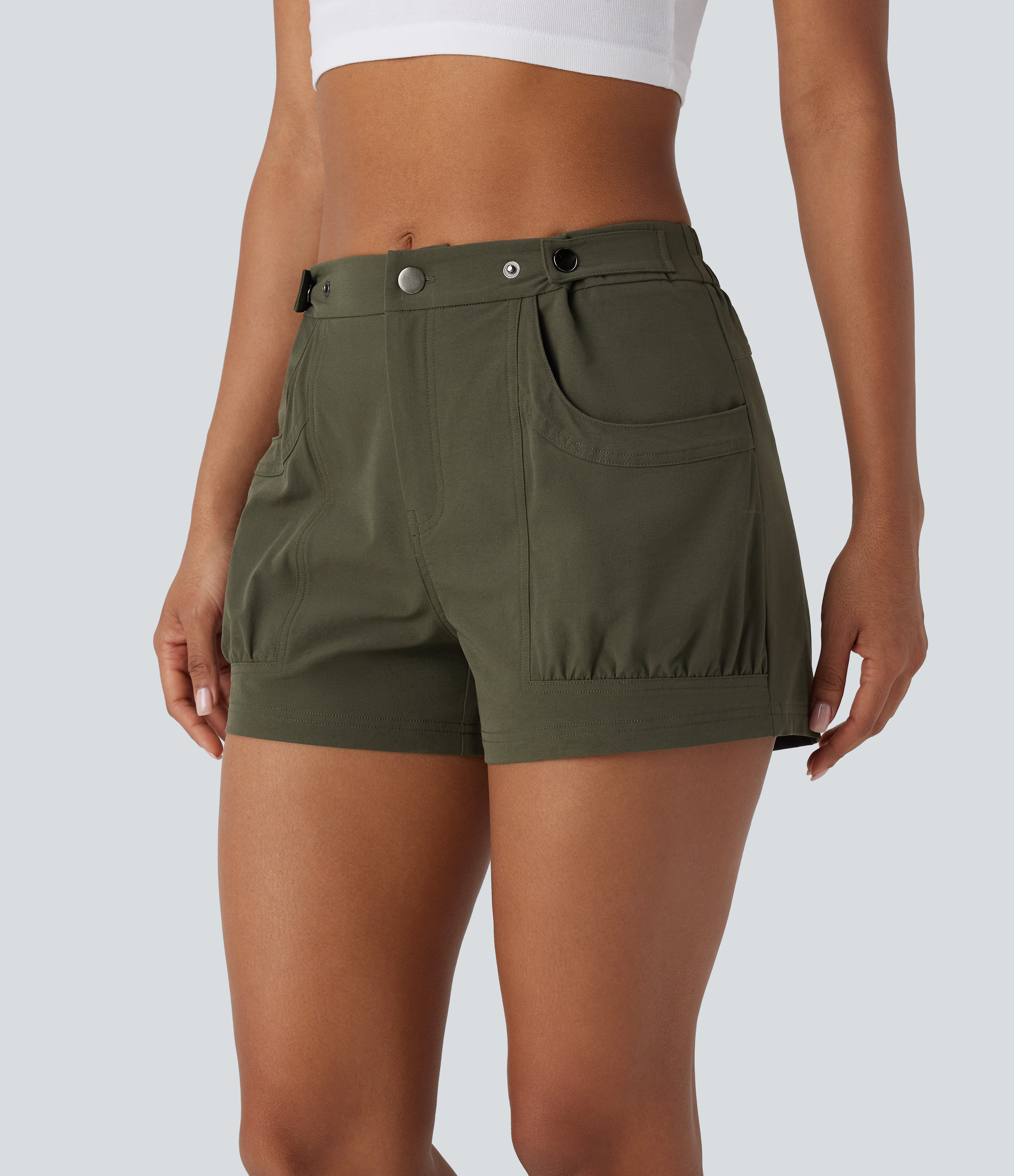 Halara Mid Rise Adjustable Waistband Side Pocket Casual Shorts  - Moss Green - M booty shorts compression shorts yoga shorts 